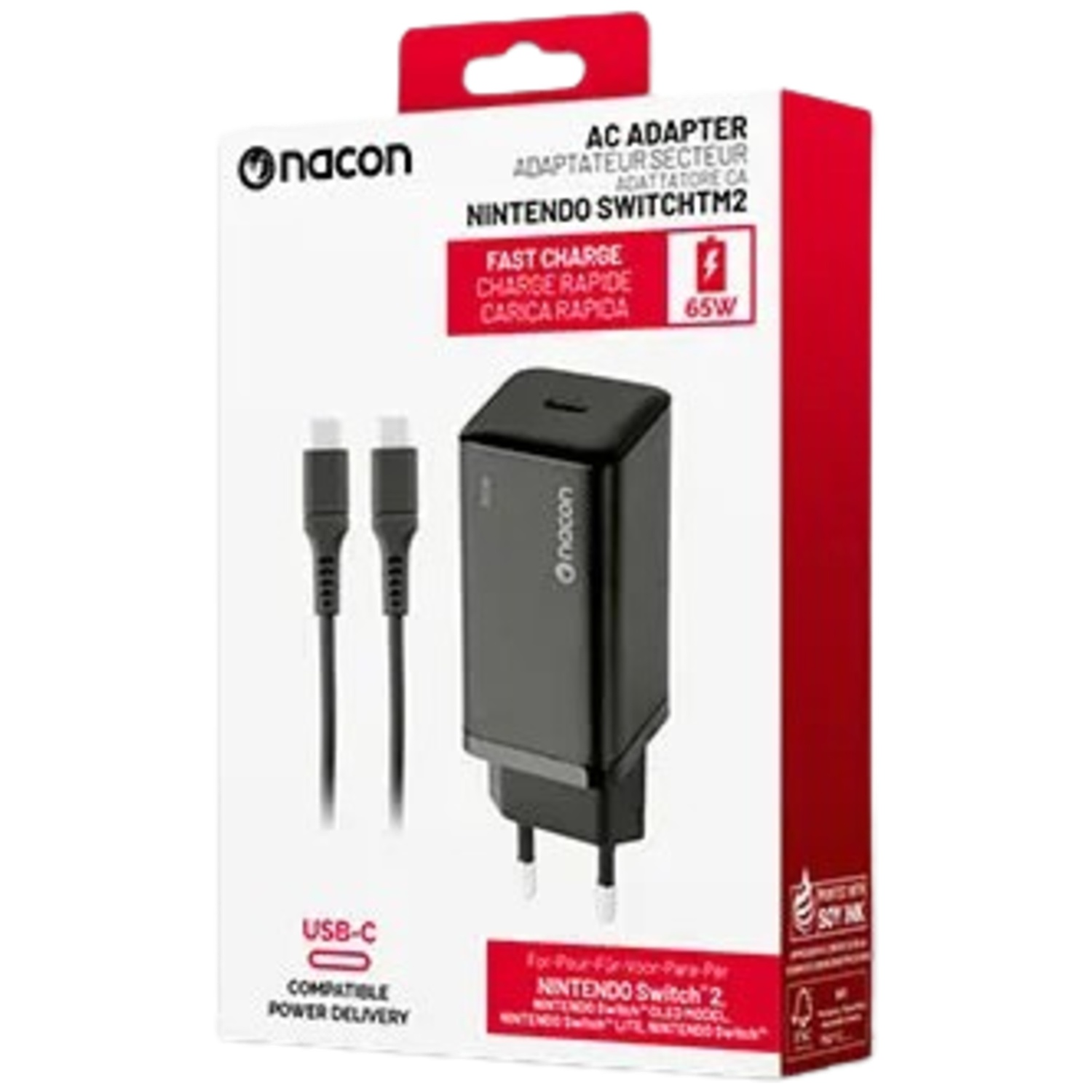 Boxed Nacon AC adapter for Nintendo Switch. Includes charger and USB-C cables. Text: Fast Charge, 65W, USB-C.