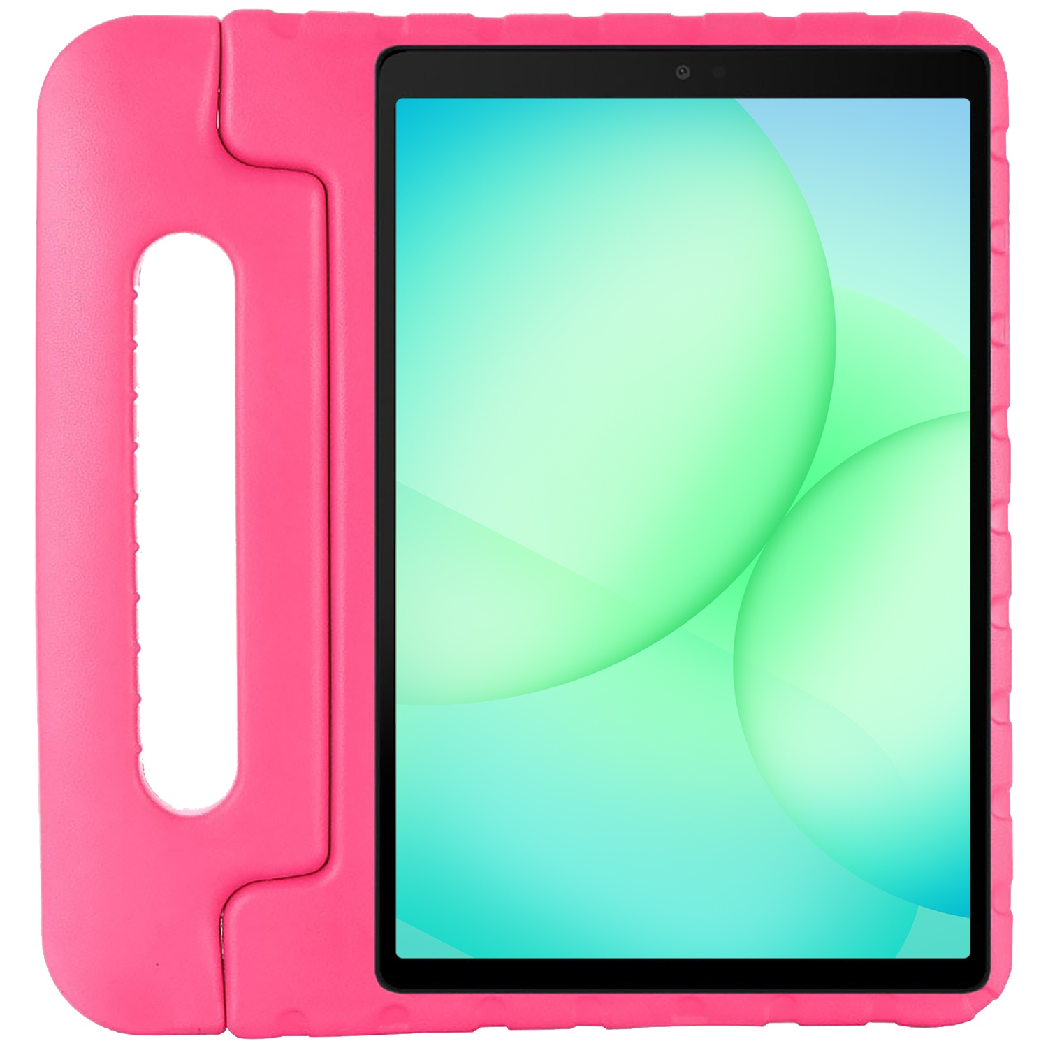 A pink tablet in a pink protective case. The screen shows green and blue bubbles. The case has a handle.