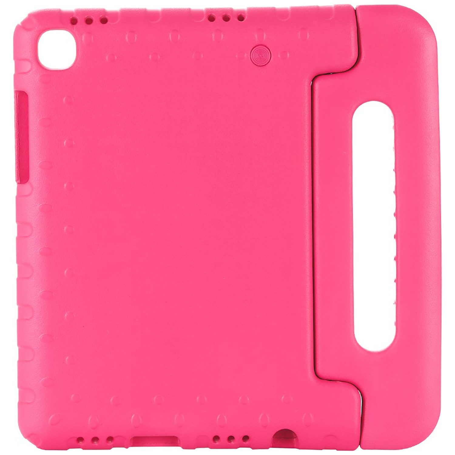 A bright pink tablet case with a handle. It has a smooth surface with small dimples and a cutout for the camera.