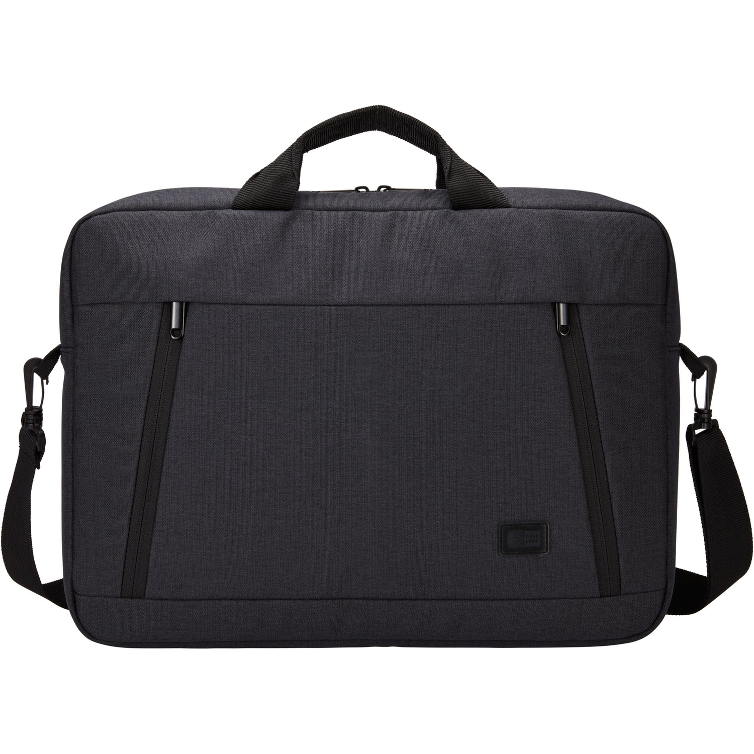 Een donkergrijze laptoptas met handvat en schouderriem. Het heeft ritsen, een merklogo en ziet er nieuw uit.