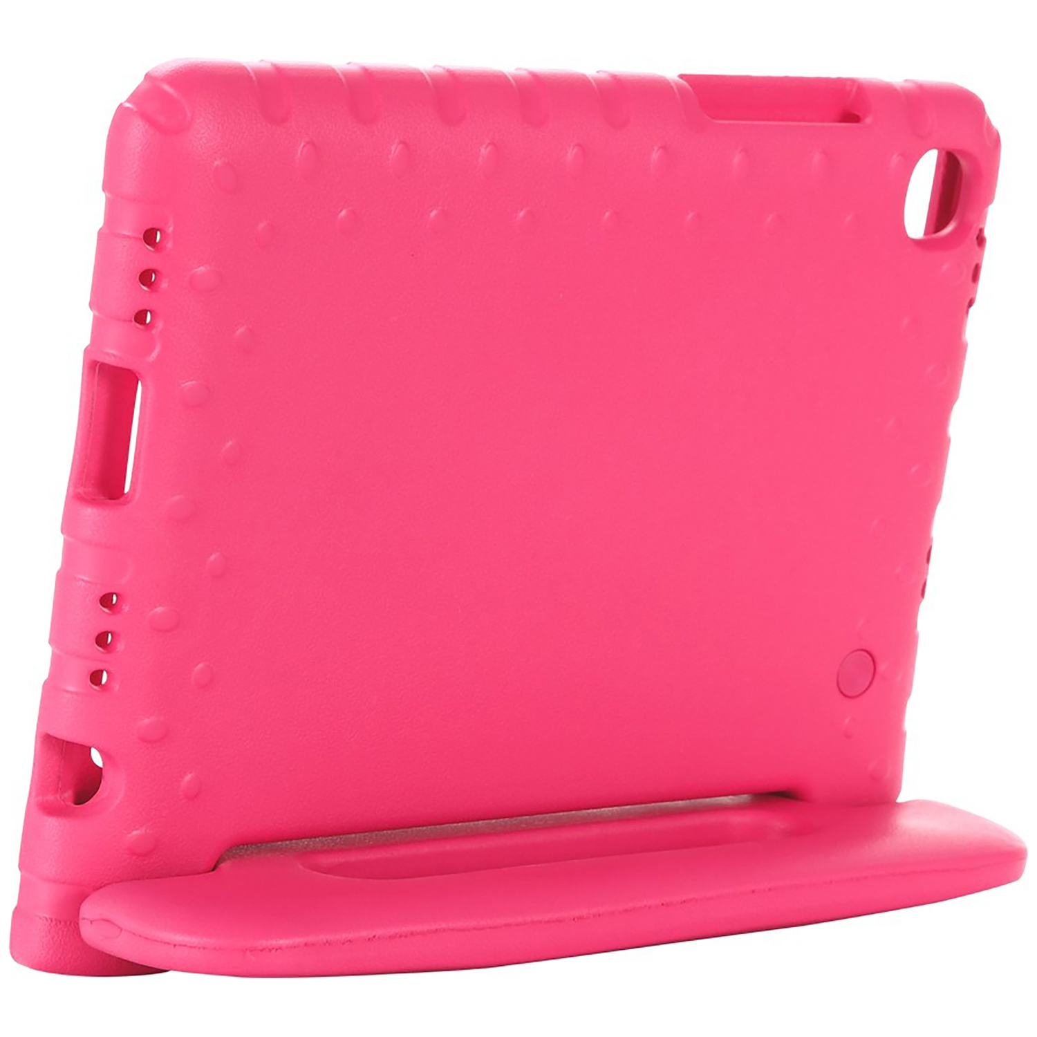 A pink tablet case is shown. It has a stand on the bottom and a textured surface. The case has openings for ports and a camera.