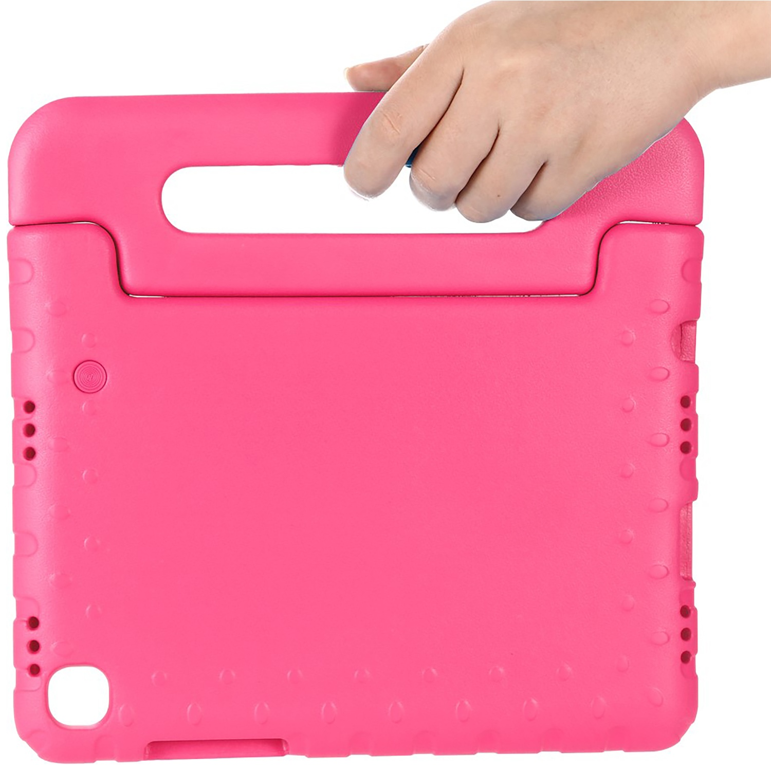 A child's hand holding a bright pink tablet case with a handle. The case has a button and several holes.