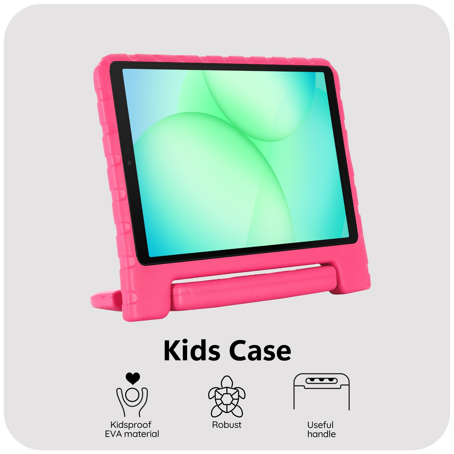 Pink kids tablet case with a handle. The tablet screen displays green and blue gradients. Text below reads 'Kids Case'.
