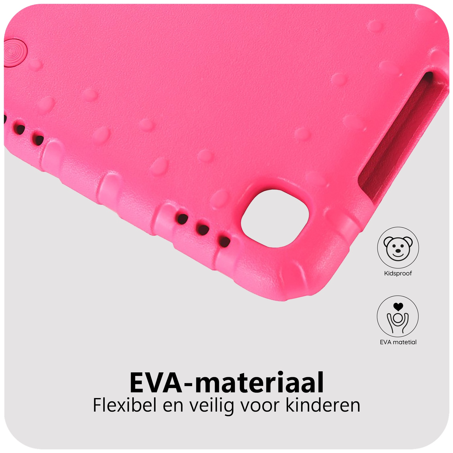 Close-up of a pink tablet case. Features include a textured surface, rounded edges, and the text 'EVA-material' with benefits.