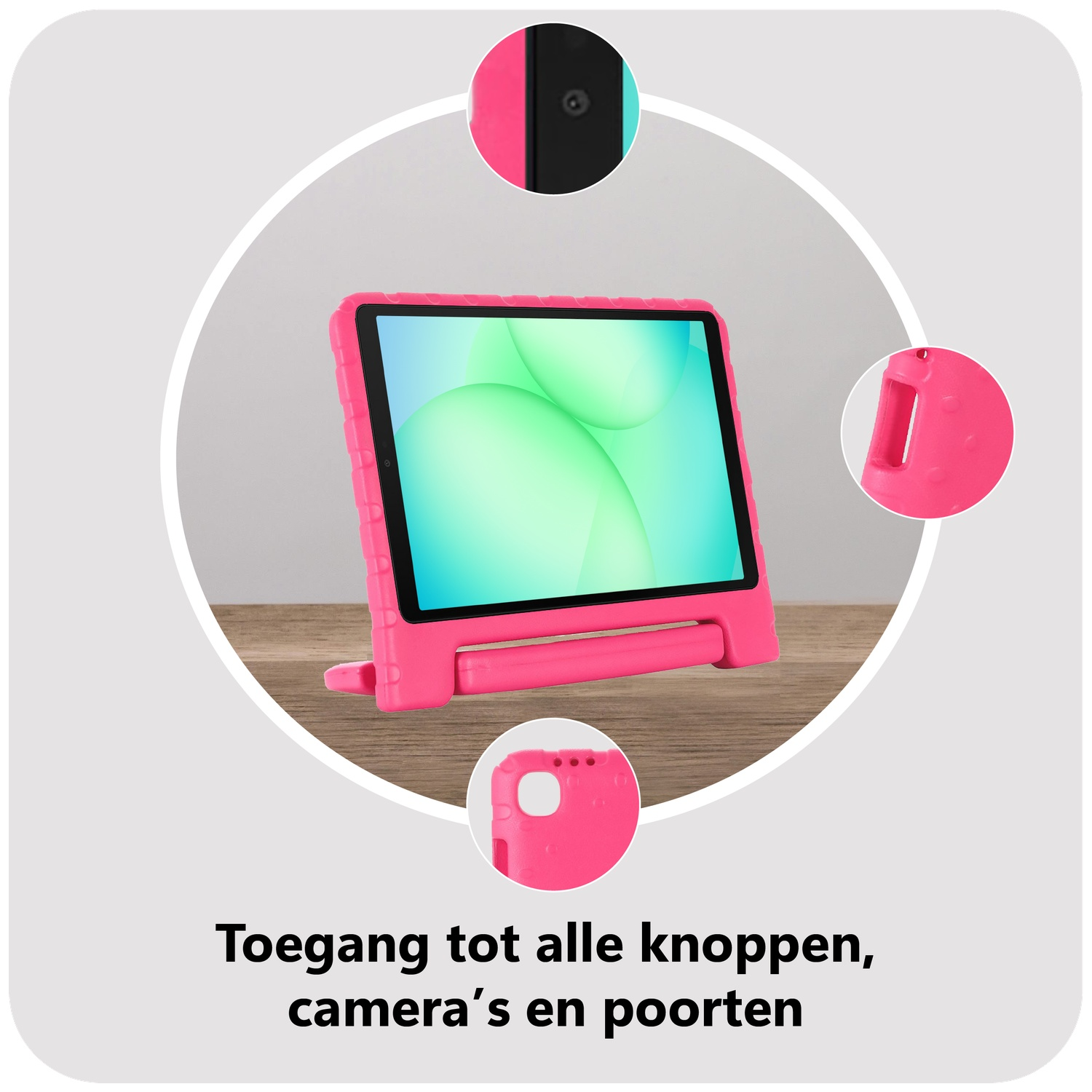 Pink tablet in a pink case with a green and white screen, shown on a wooden surface with text below.