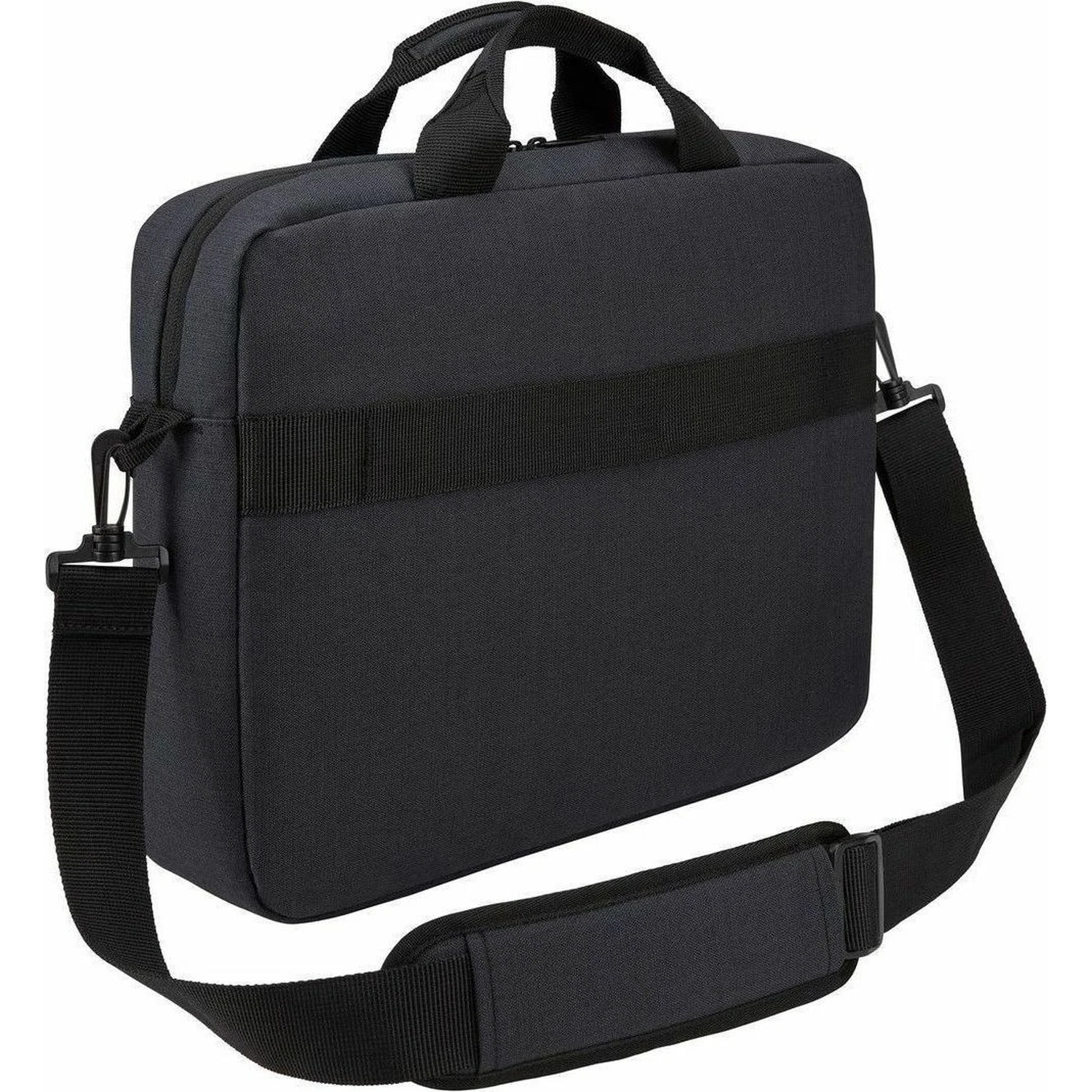 Een zwarte laptoptas met schouderriem, handvat en een horizontale band aan de voorkant. De tas is rechthoekig.