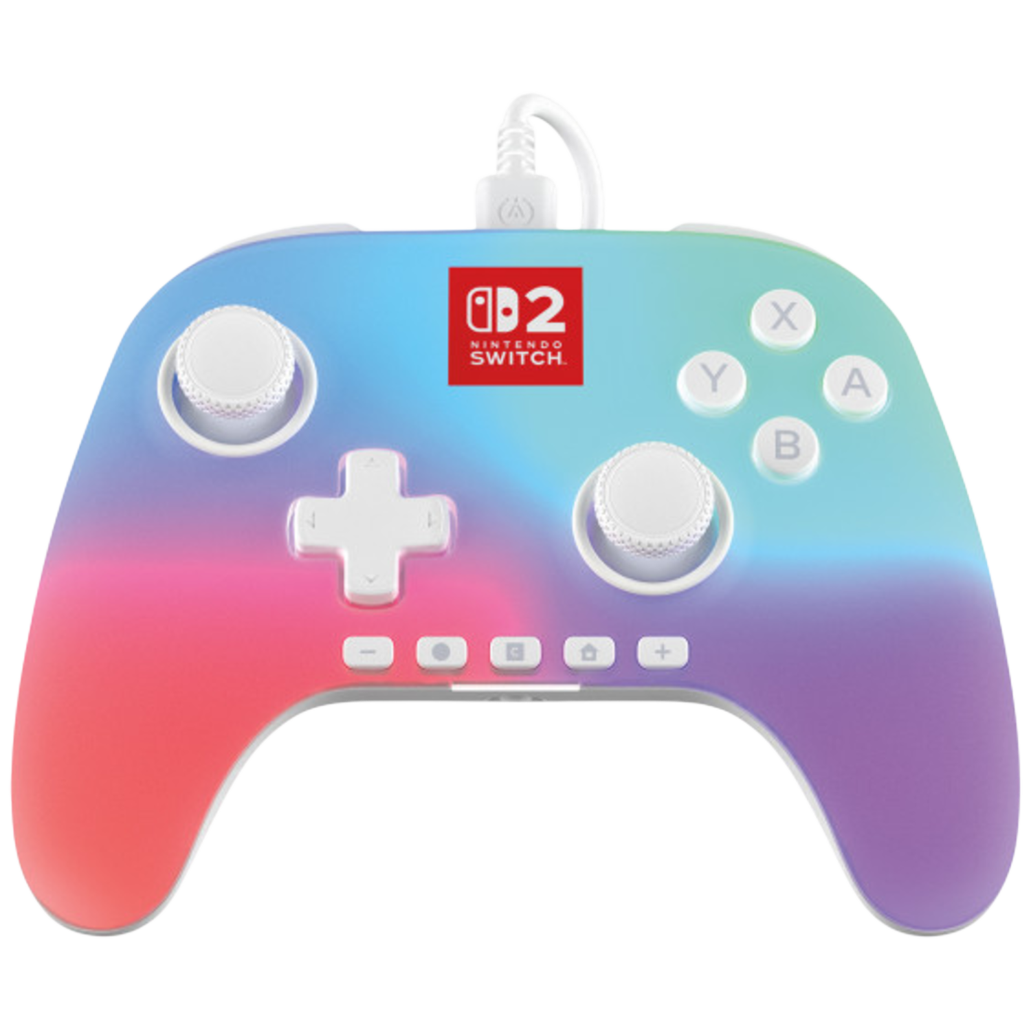 Une manette Nintendo Switch colorée. Les boutons incluent X, Y, A, B, plus le pavé directionnel et deux joysticks. Connecté par un câble blanc.