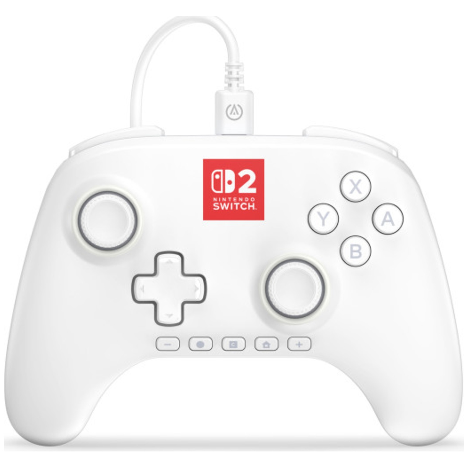 Une manette Nintendo Switch blanche. Comprend des boutons, une croix directionnelle et des joysticks. Le logo Nintendo Switch est visible.