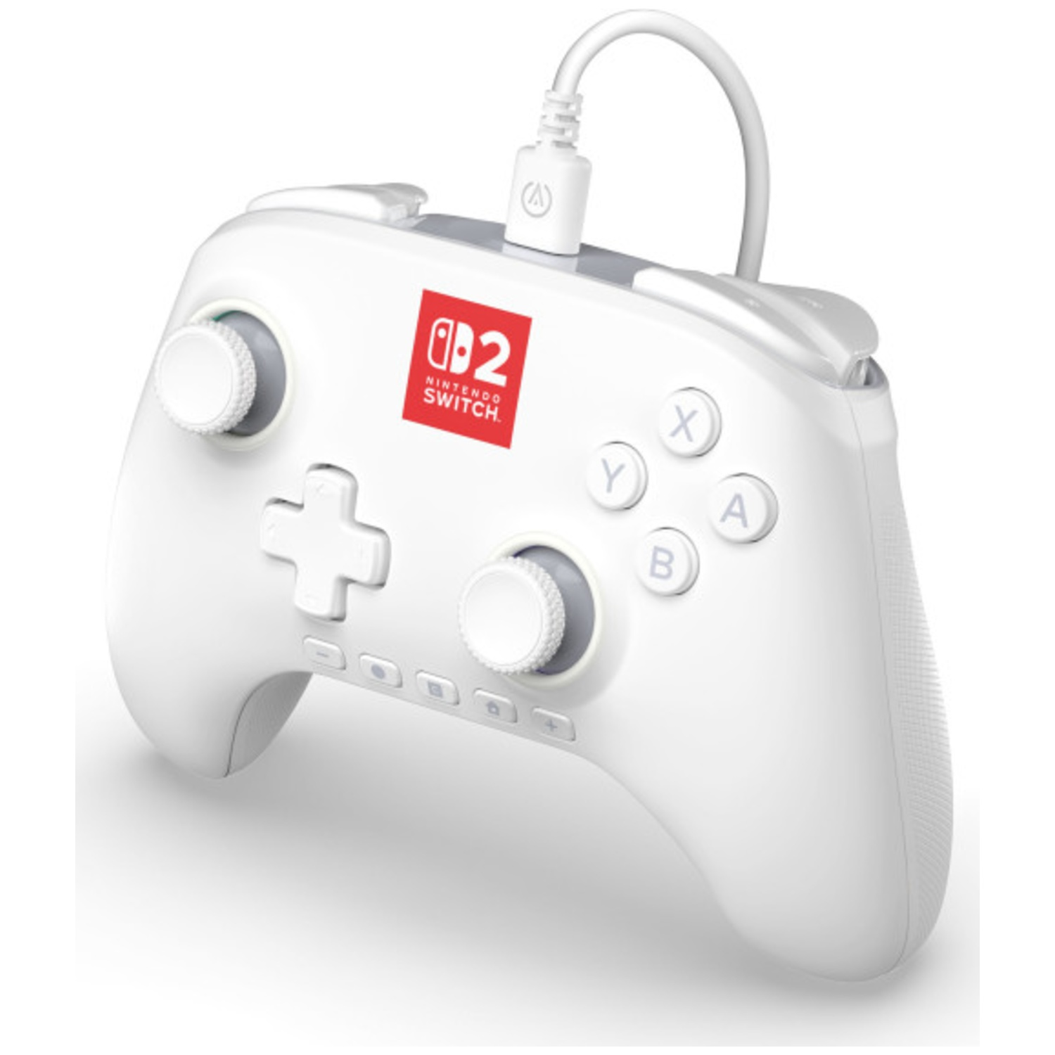 Une manette Nintendo Switch blanche avec des boutons et un logo rouge. Elle a un câble blanc.