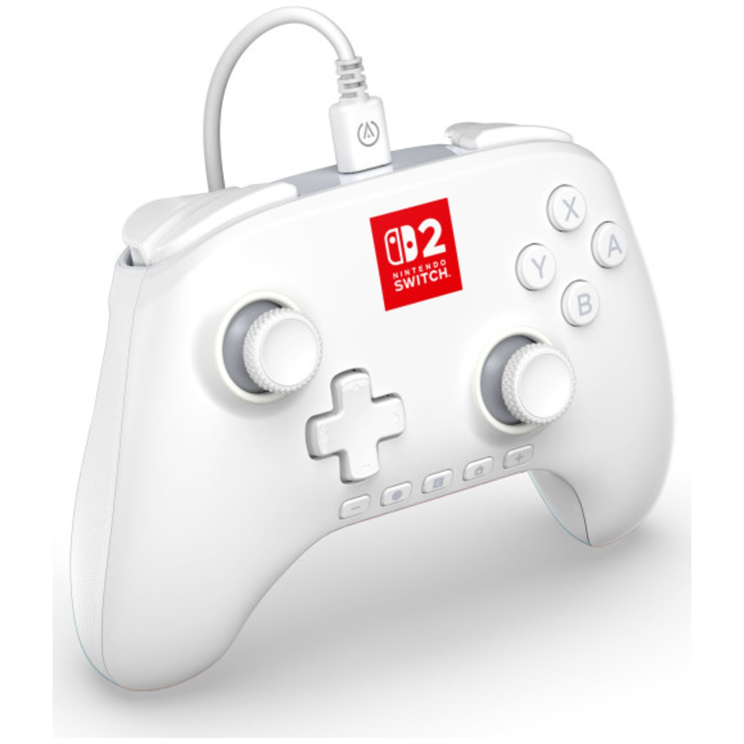 Une manette Nintendo Switch blanche avec des boutons et des joysticks. Un logo rouge dit "Nintendo Switch". Un câble est connecté en haut.