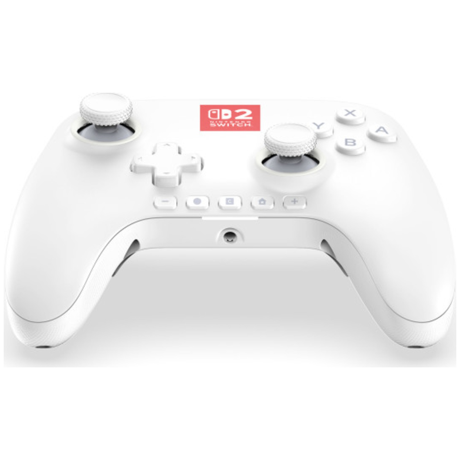 Une manette Nintendo Switch blanche. Elle possède des boutons, des joysticks et une croix directionnelle. Le logo Switch est rouge.