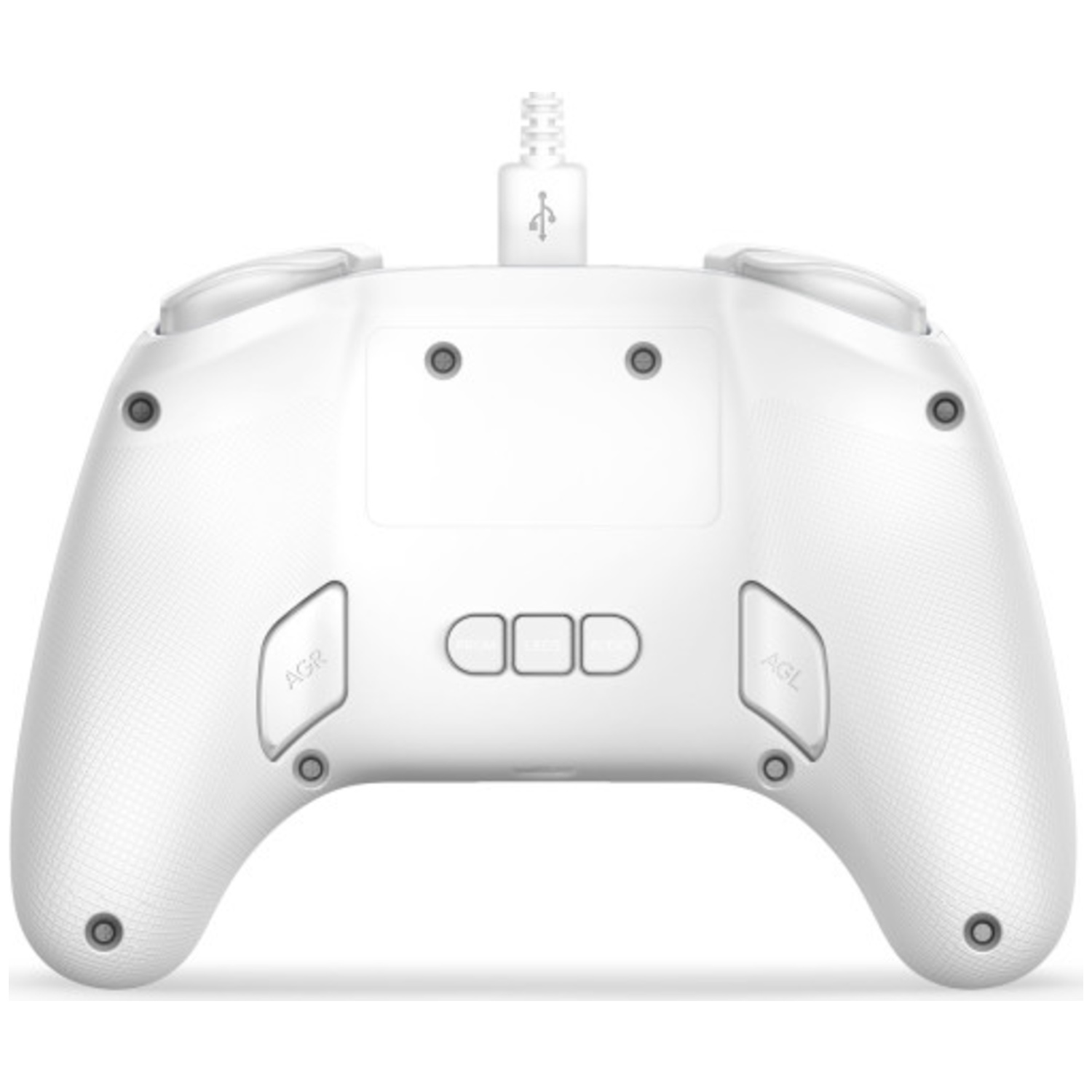 Une manette de jeu blanche avec un câble USB. Elle comporte des boutons étiquetés AGR et AGL, ainsi que plusieurs autres boutons et ports.
