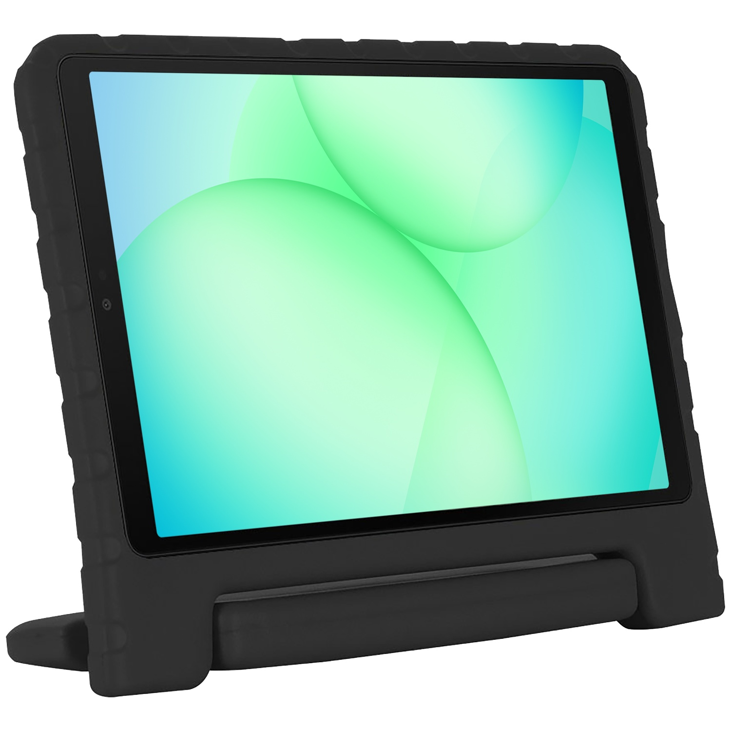 A black tablet in a protective case. The screen displays green and white abstract shapes. The case has a built-in stand.
