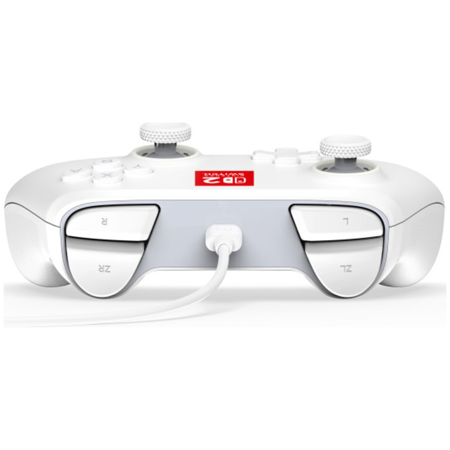 Une manette de jeu blanche avec un logo rouge. Elle possède des boutons, des joysticks et un câble blanc branché. Le fond est blanc.