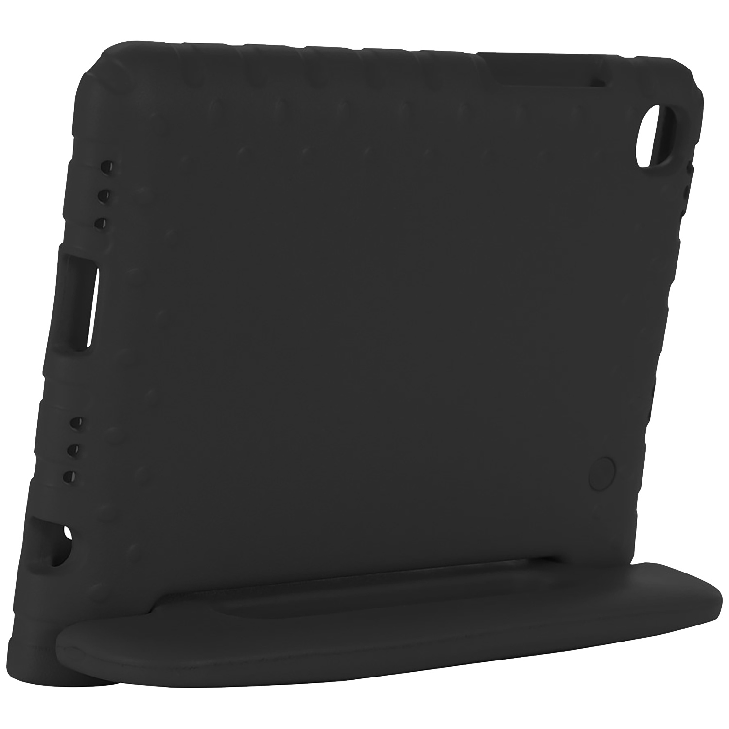 A black tablet case with a built-in stand. The case has a textured surface with openings for buttons and ports.