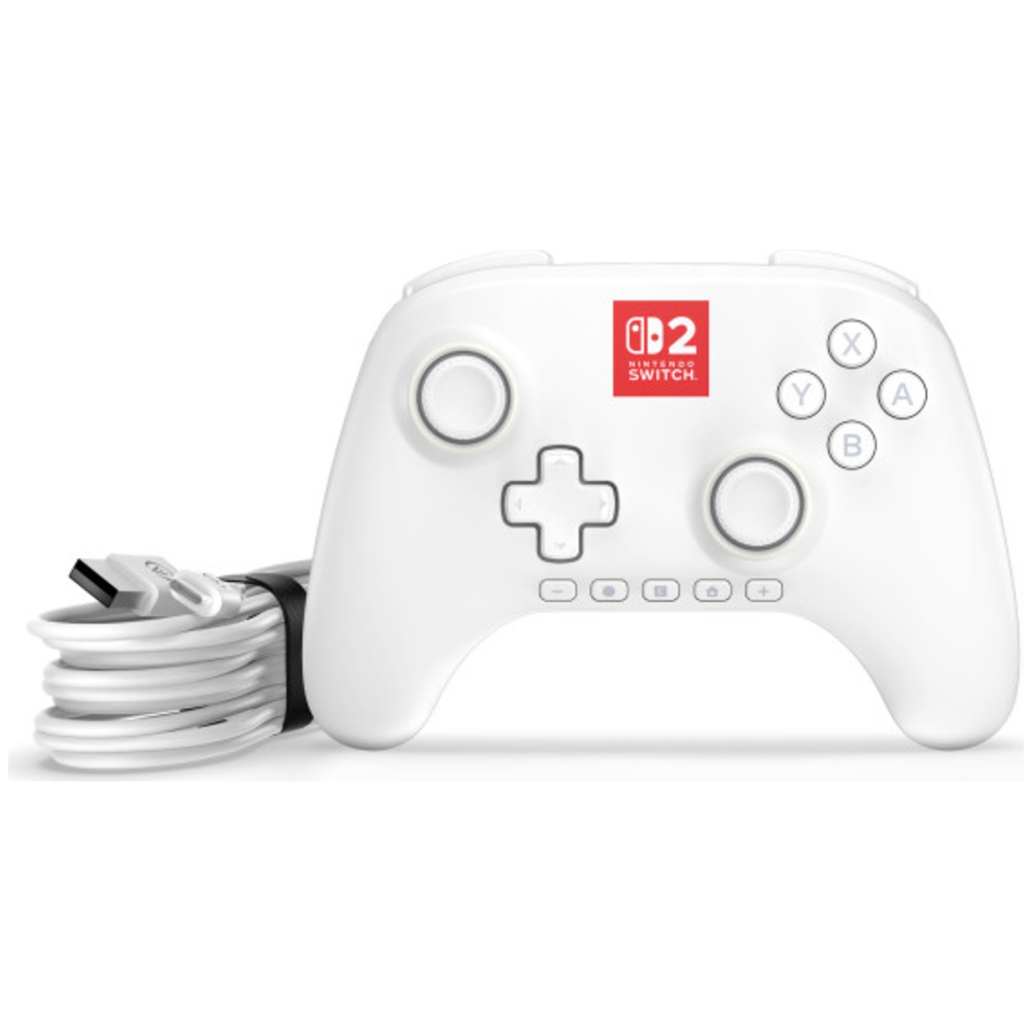 Une manette Nintendo Switch blanche avec un logo Nintendo Switch rouge et un câble blanc enroulé.