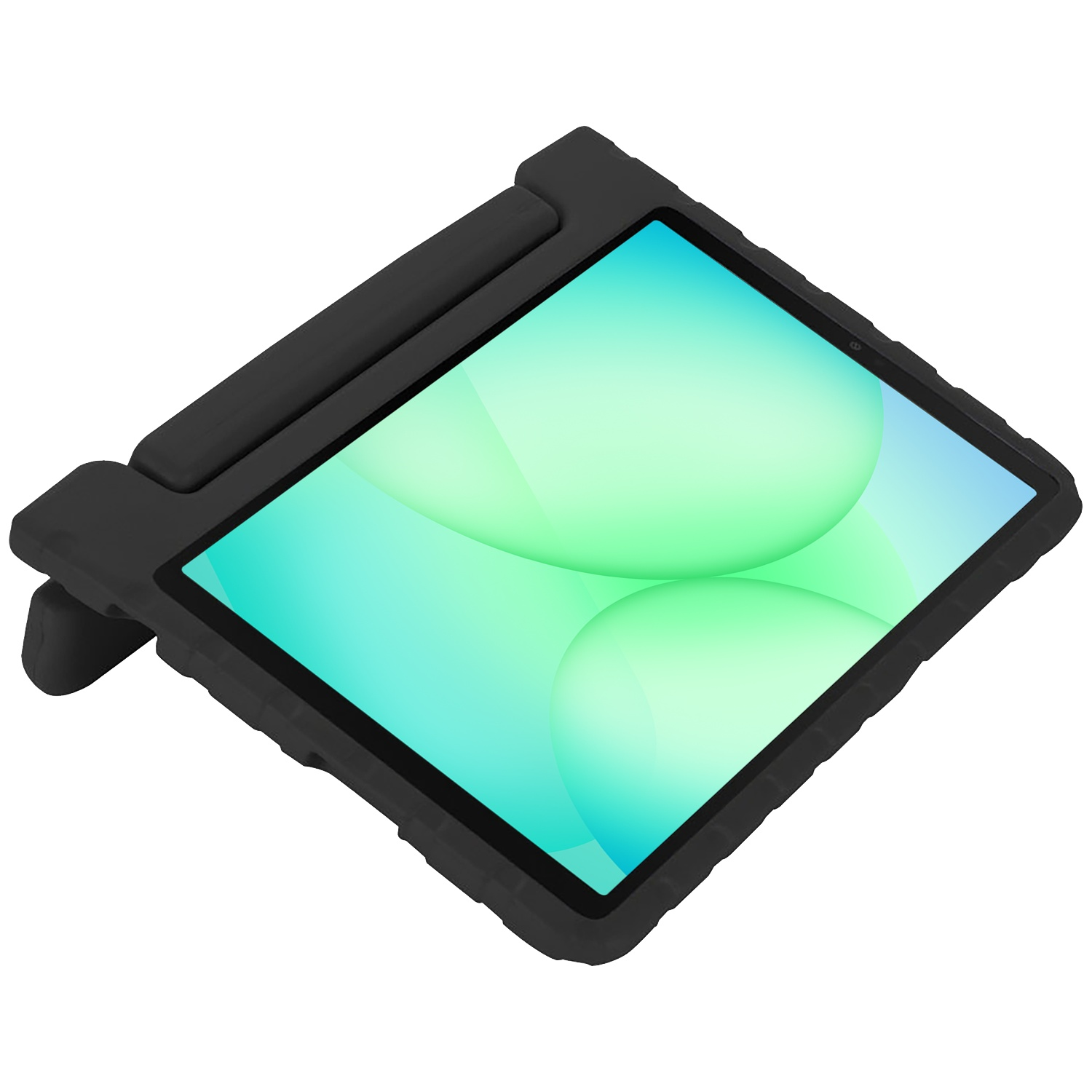 A black tablet in a black protective case. The screen displays a gradient of green and blue. The case has a stand.