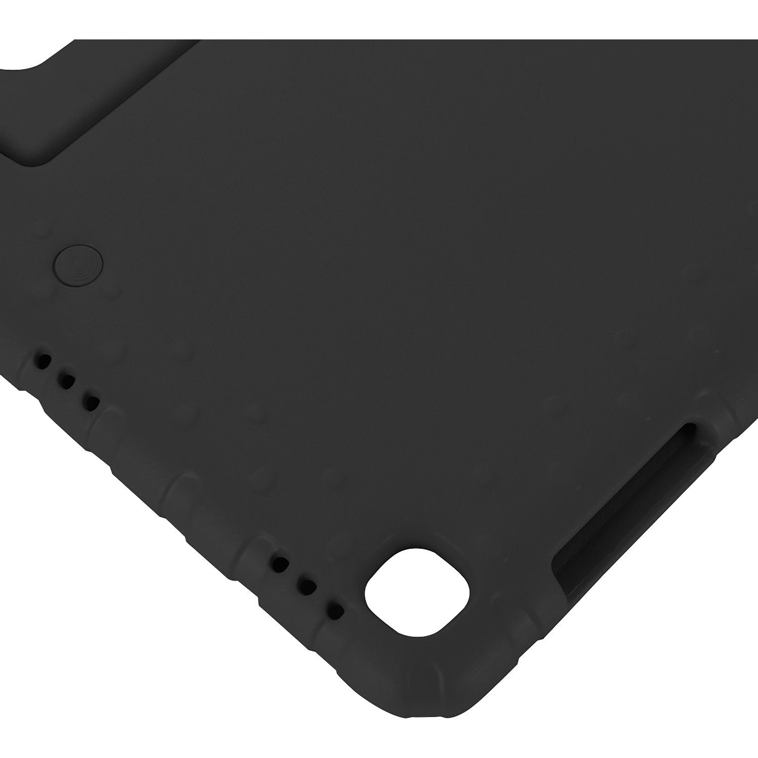 Close-up of a black tablet case. It has a smooth surface with rounded edges and several holes. The background is white.