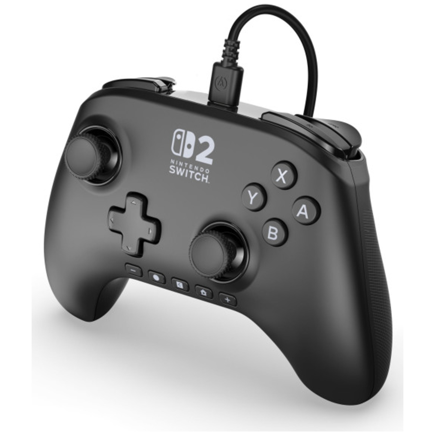 Manette noire Nintendo Switch avec boutons, joysticks et câble de chargement. La manette est sur fond blanc.
