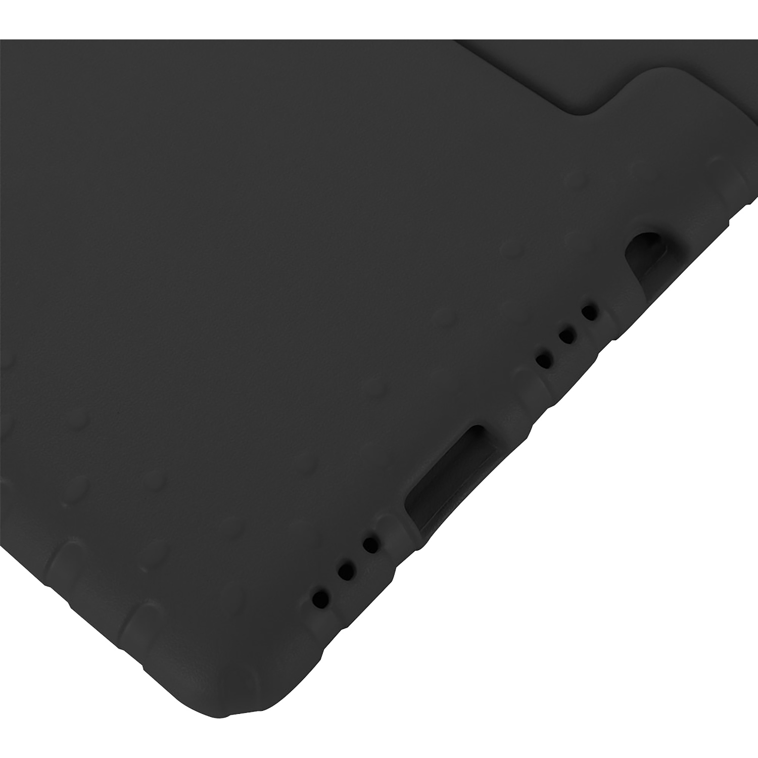 Close-up of a black tablet case. It has rounded edges and several holes along one side. The background is white.
