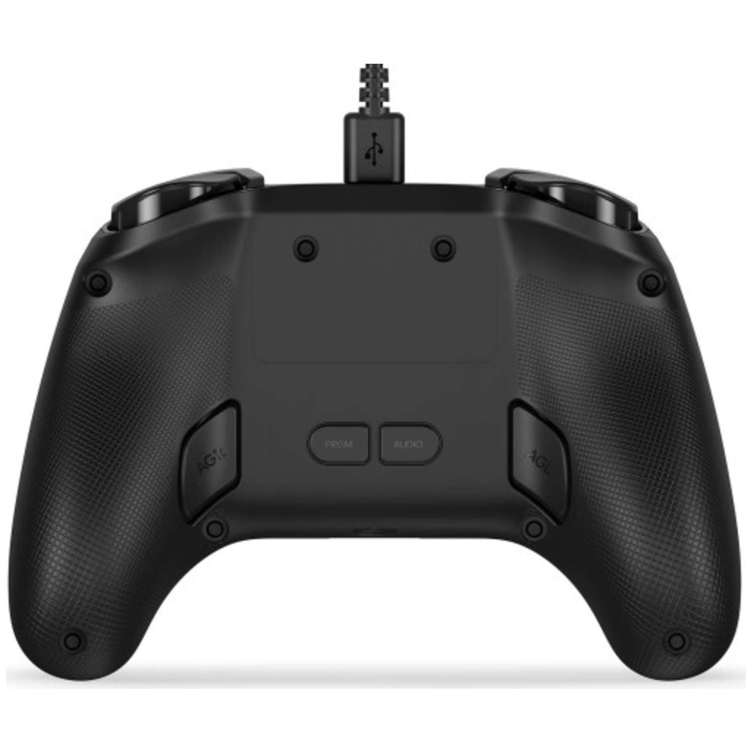 Vue arrière manette de jeu noire, câble USB, boutons 'PROM', 'AUDIO', 'AGL'. Poignée texturée, boutons et ports visibles.