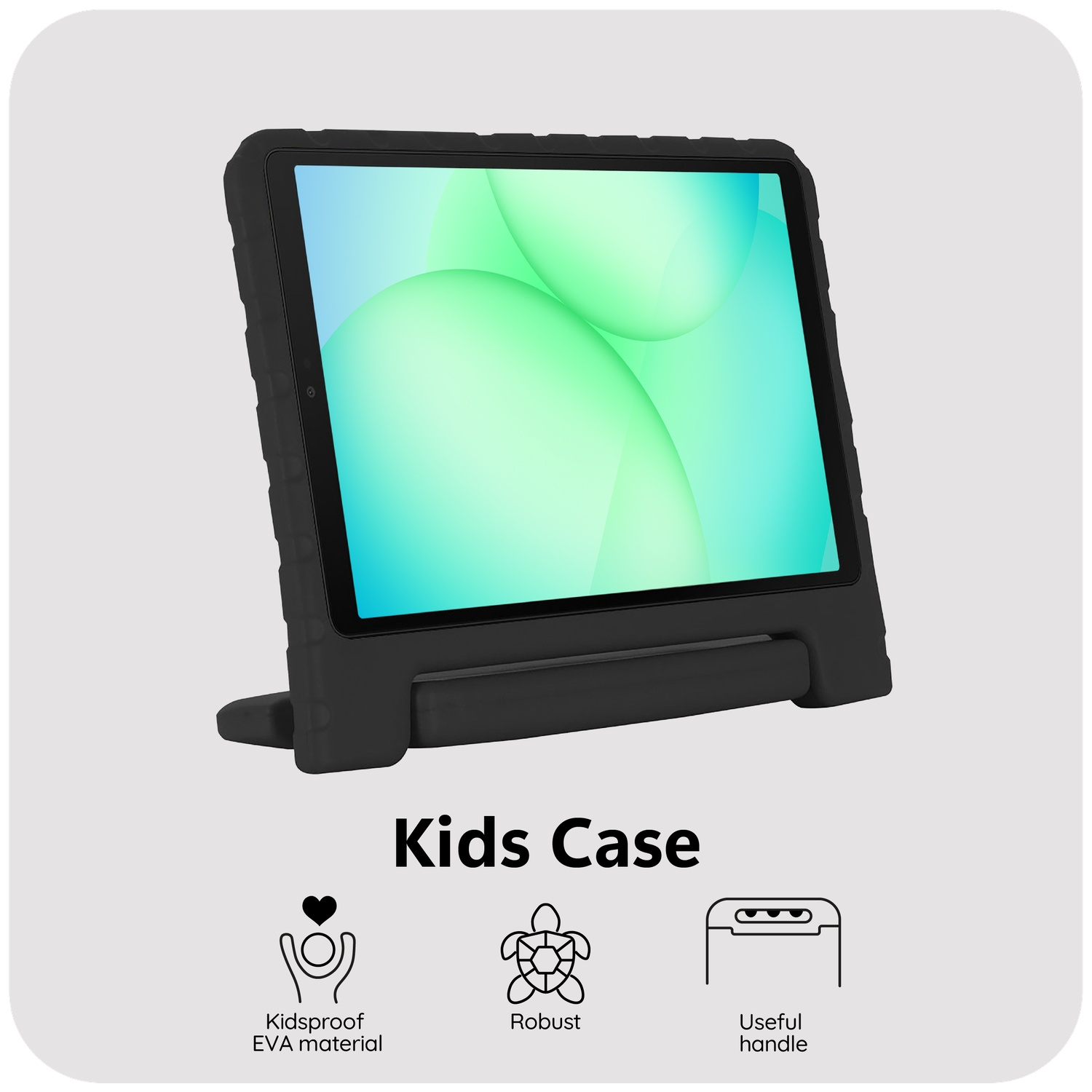 Black tablet in a black case with stand. Text says 'Kids Case', with icons for kid-proof, robust, and handle.