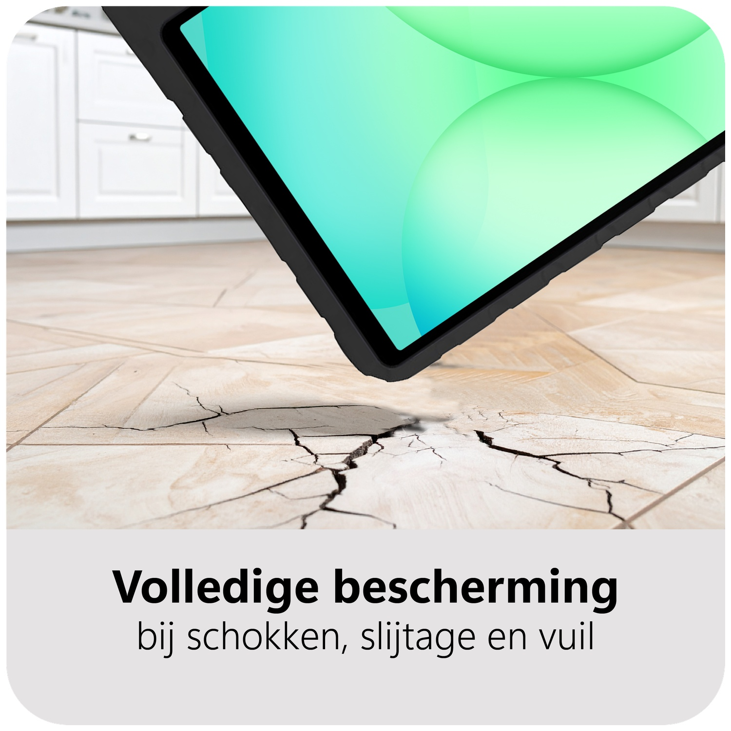 Tablet with a black case above cracked floor tiles, with the text 'complete protection against shocks, wear and dirt'.