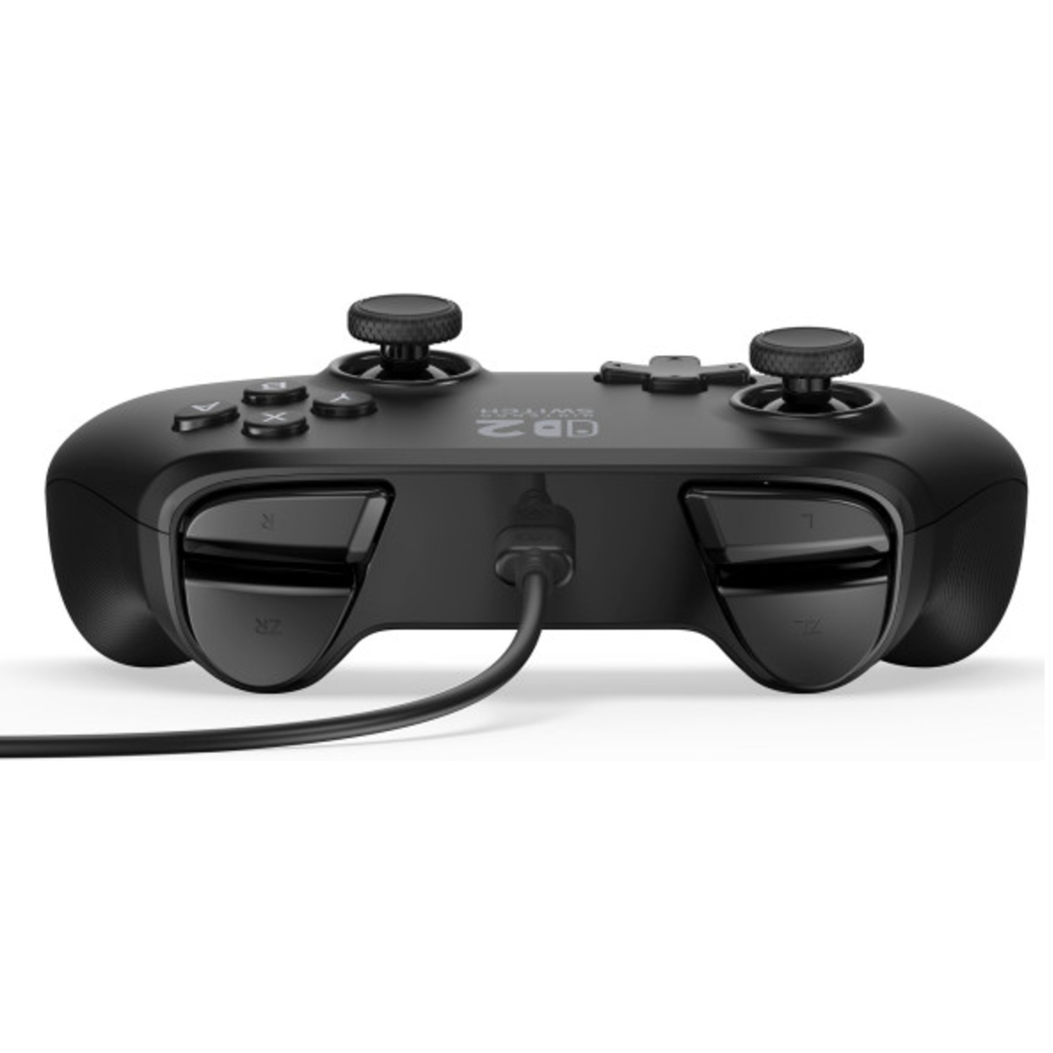 Manette noire pour Nintendo Switch, avec boutons, joysticks et câble. Sur fond blanc.