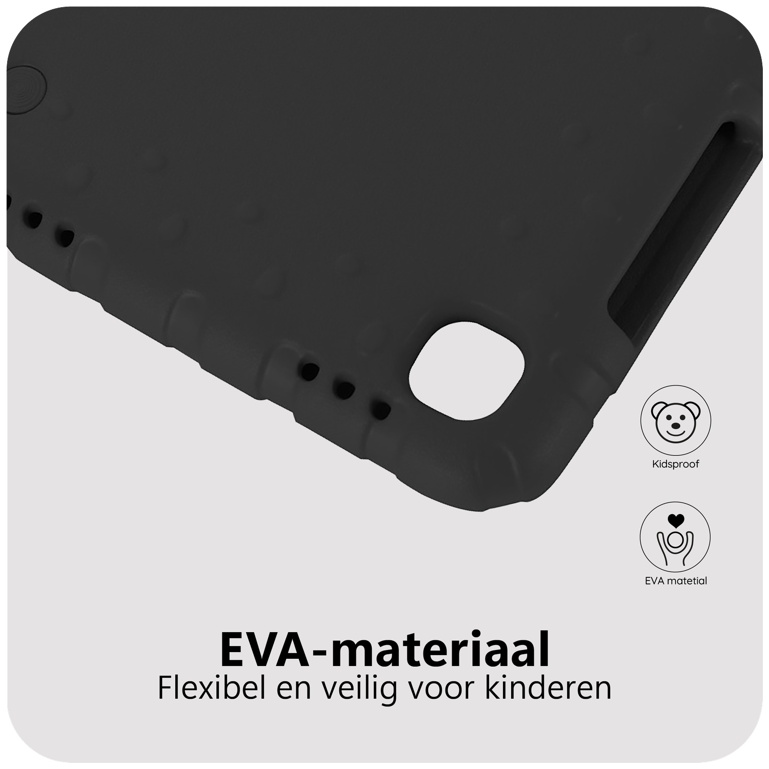 A black tablet case with cutouts, labeled 'Kids proof' and 'EVA material'. Text says 'EVA material, flexible and safe for children'.
