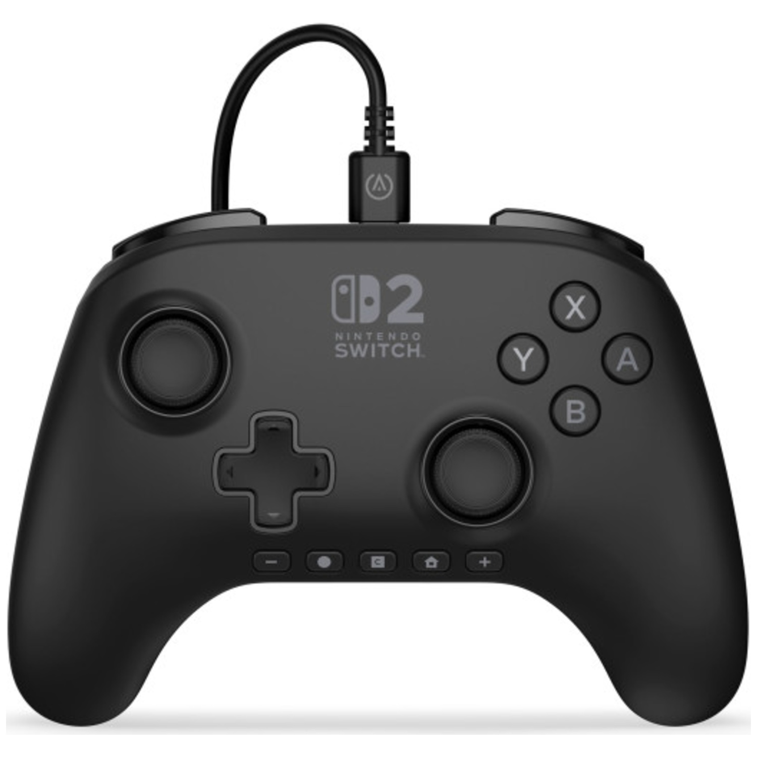 Une manette noire Nintendo Switch avec boutons et câble. La manette a un logo et divers boutons.