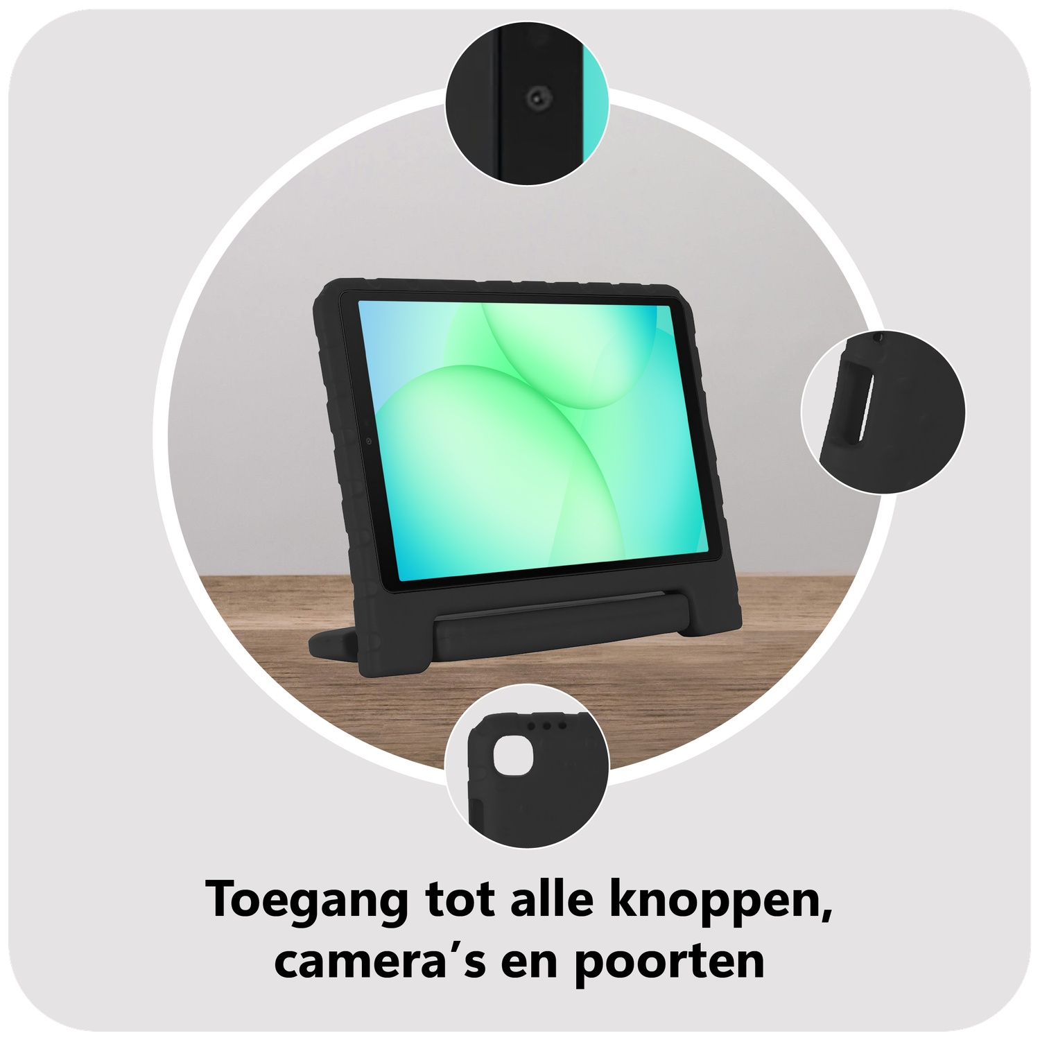 Black tablet in a black case, on a wooden surface. Three circular cutouts show closeups of the case's details.