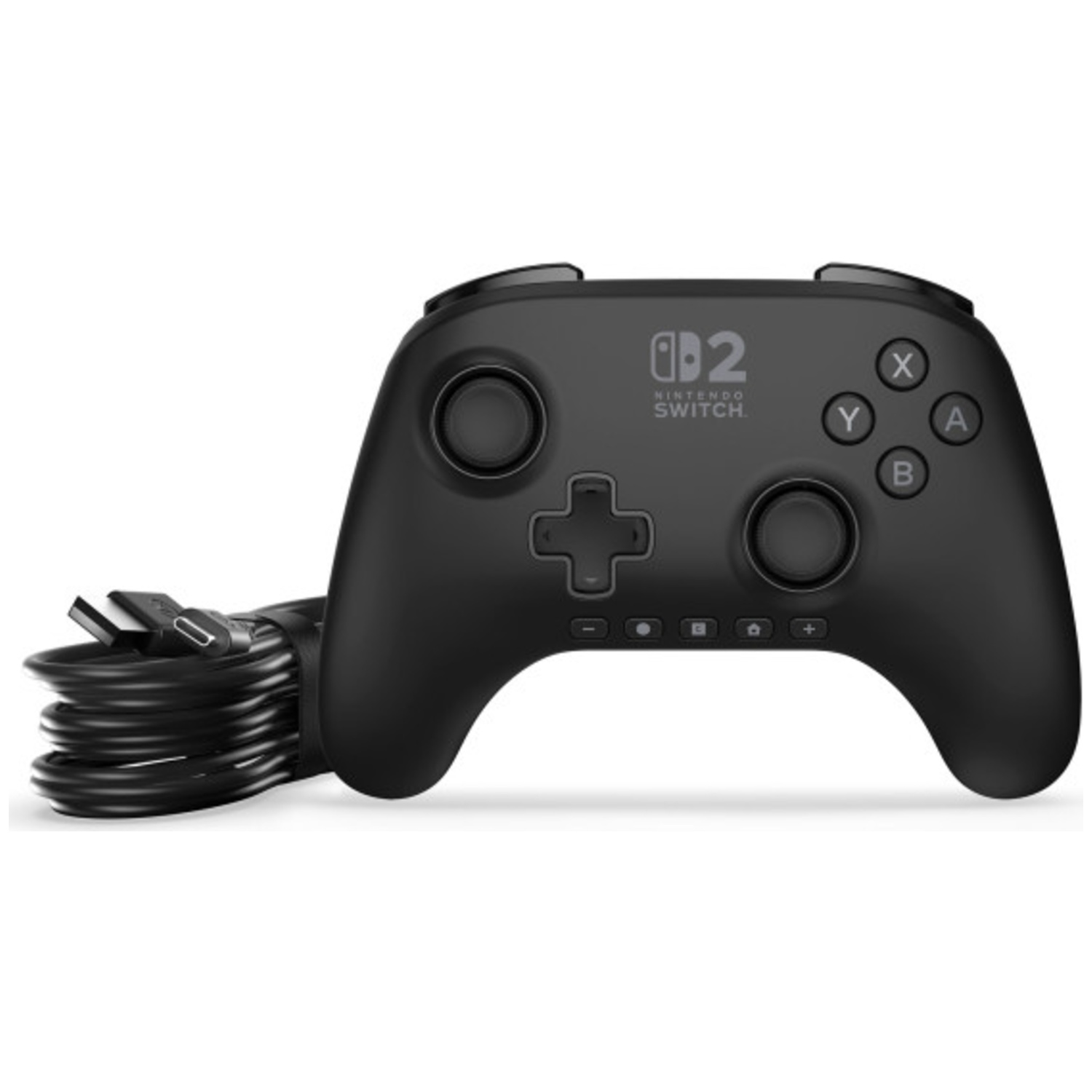 Une manette noire Nintendo Switch avec des boutons et une croix directionnelle. Un câble noir est attaché.