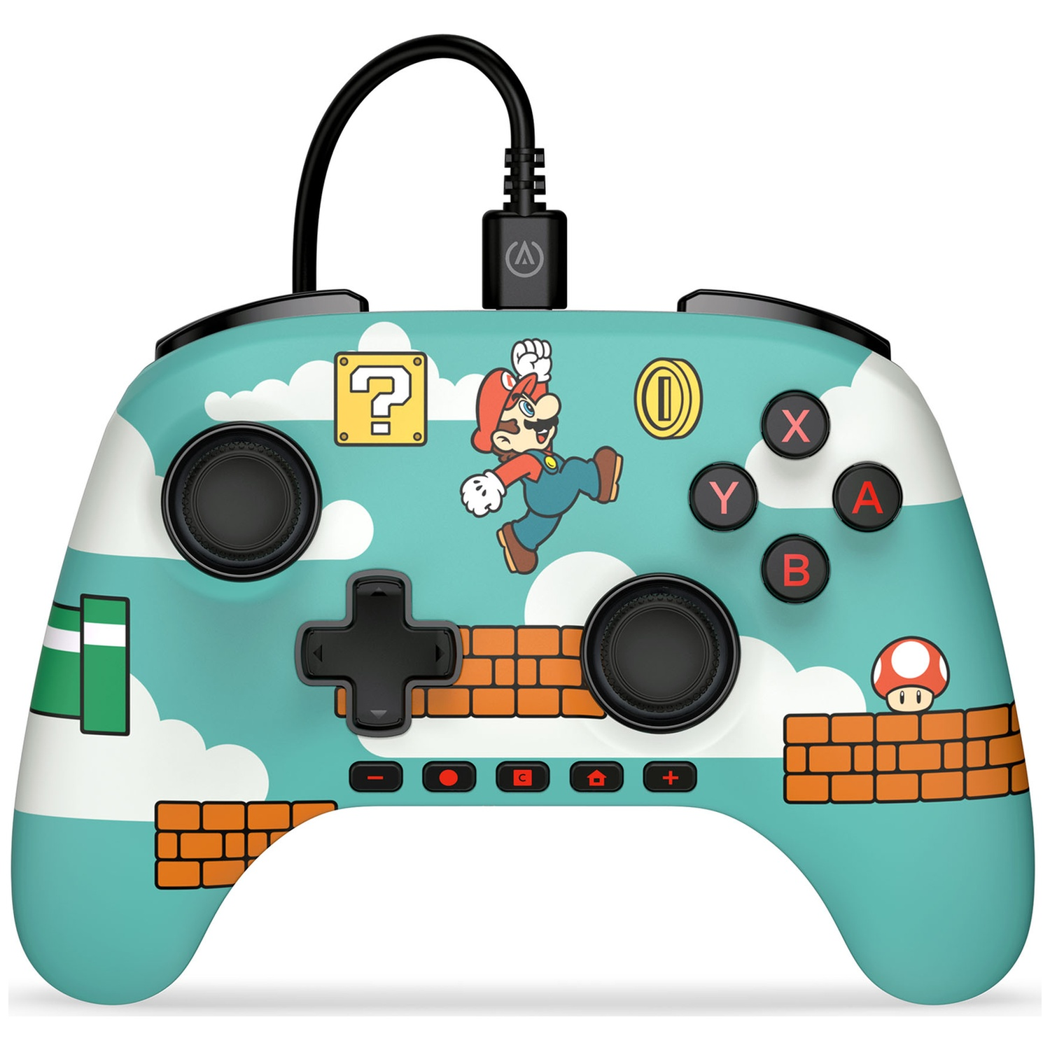 Une manette teal avec des graphismes de Mario. Elle montre Mario sautant, des blocs point d'interrogation, des plateformes en briques et des nuages blancs.