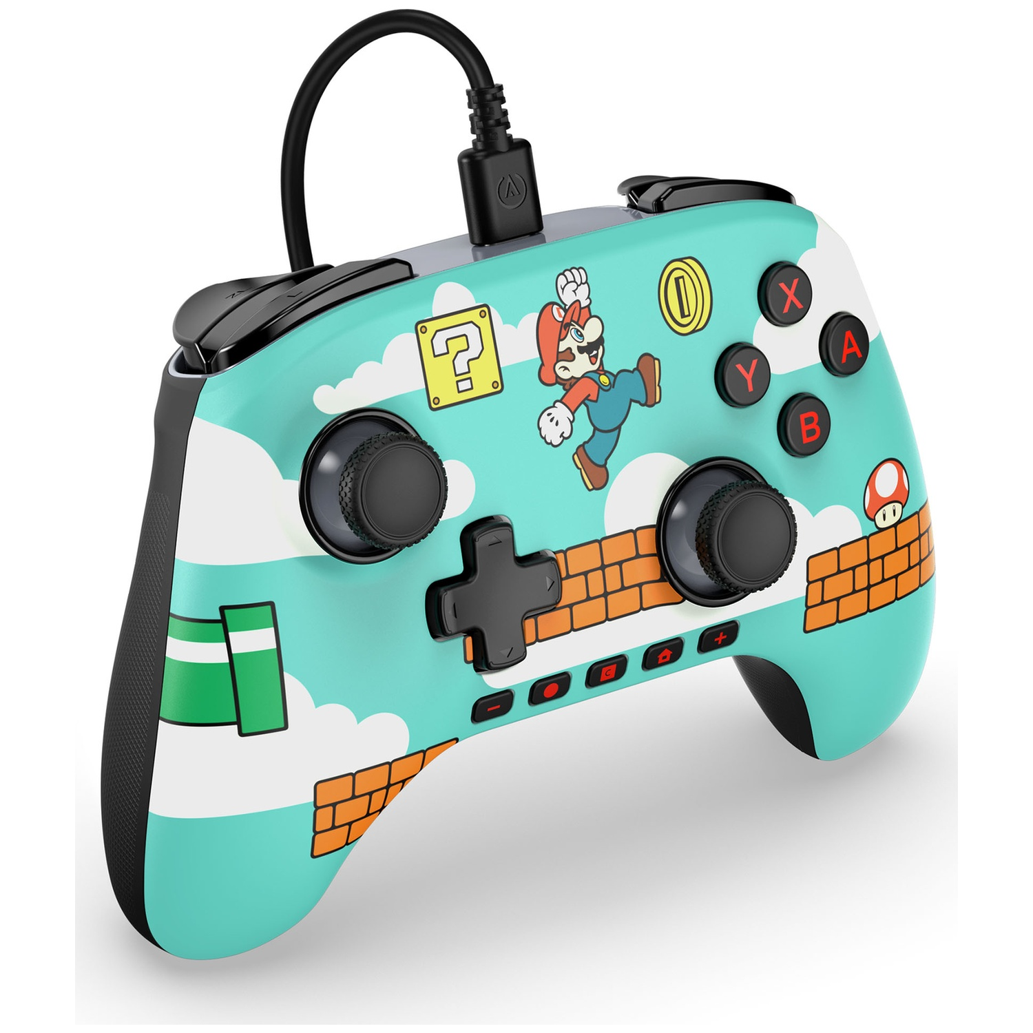 Une manette de jeu turquoise sur le thème de Mario. Elle représente Mario en train de sauter, des murs de briques, une boîte avec un point d'interrogation et une pièce.