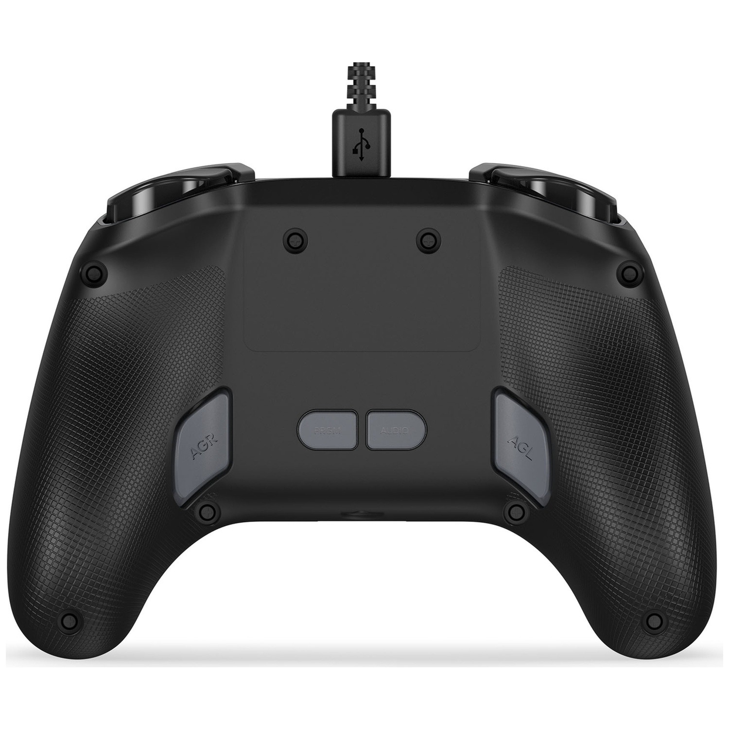 Manette de jeu noire avec des poignées texturées, des boutons gris marqués 'AGR', 'AUDIO' et 'AGL'. Un câble USB est branché en haut.