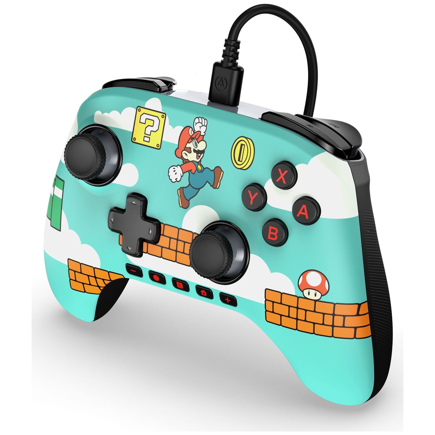 Une manette Nintendo Switch sur le thème de Super Mario. Elle présente Mario, des pièces et des motifs de briques. Les boutons sont colorés.