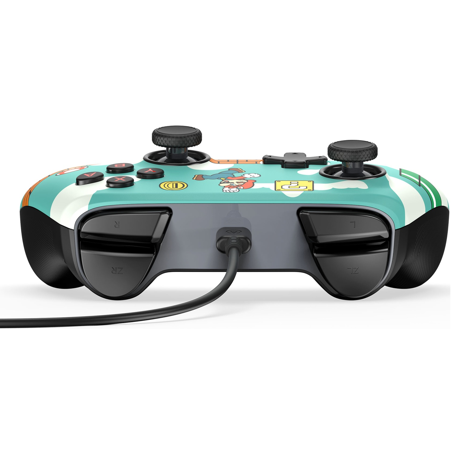 Une manette Nintendo Switch colorée sur le thème de Mario, avec des boutons, des joysticks et un câble de chargement.