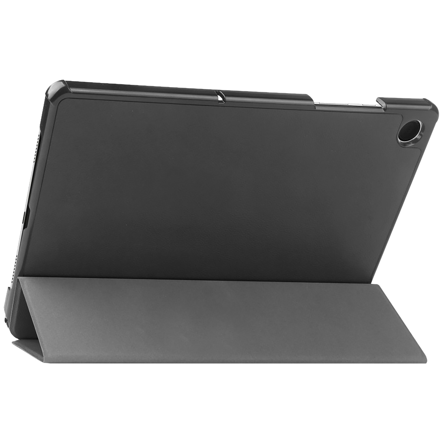 Een zwarte tablethoes met een grijze standaard. De tablet zit in de hoes en de standaard staat schuin. De achtergrond is wit.