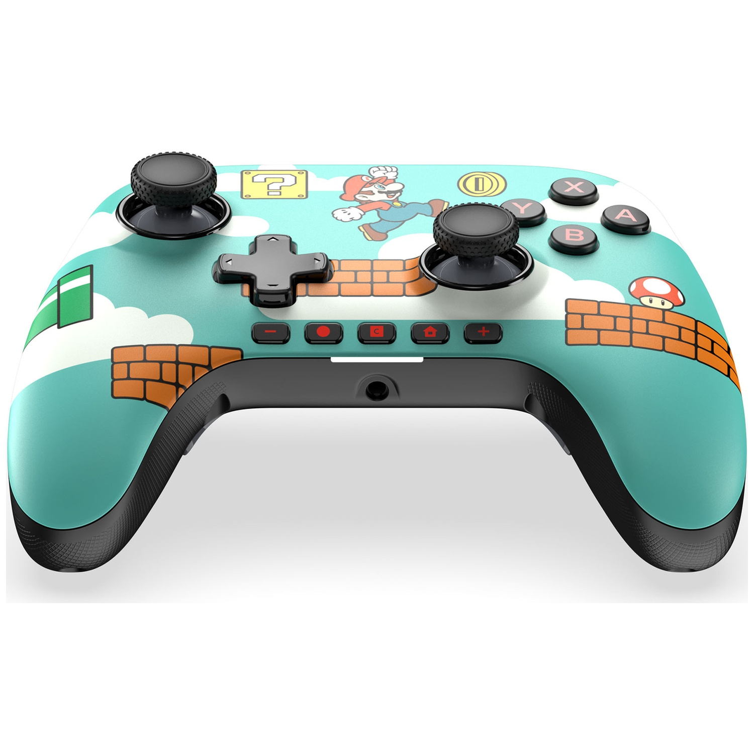 Une manette Nintendo Switch sur le thème de Mario. Elle présente Mario sautant, des blocs de briques et un champignon sur fond bleu.
