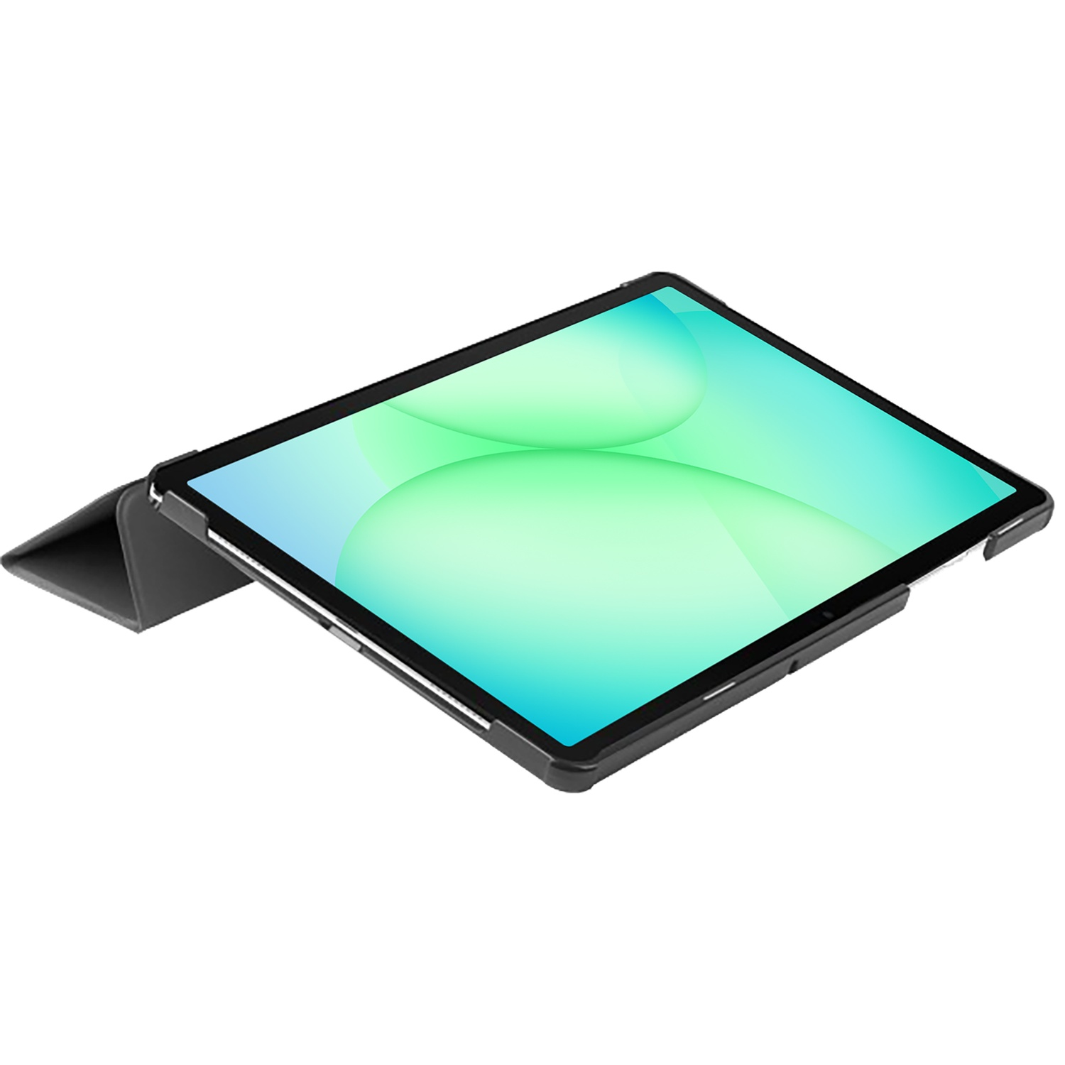 Tablet met zwarte hoes, scherm met groene en blauwe gradiënt, onder een hoek tegen een witte achtergrond.