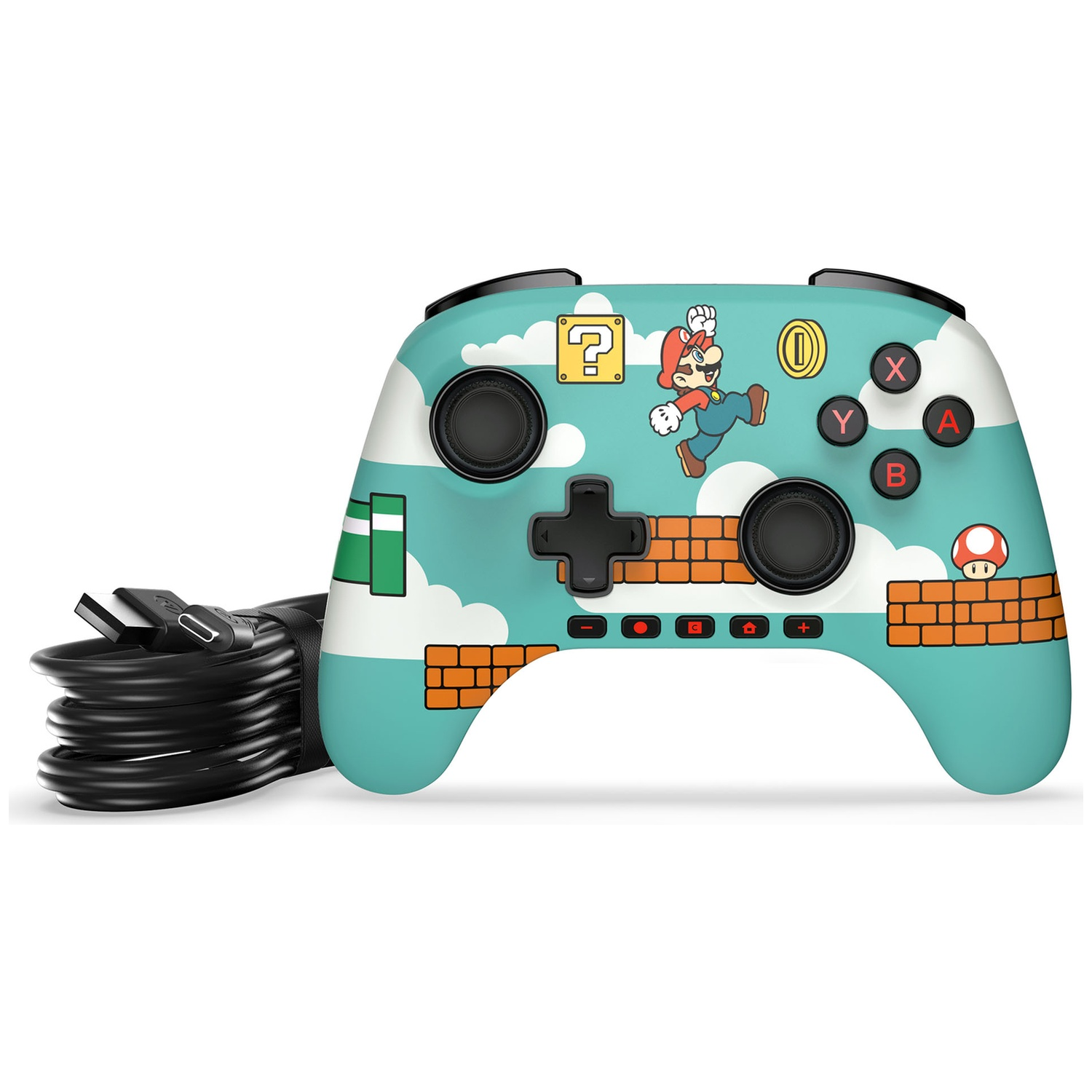 Une manette Nintendo Switch avec un design Mario. Elle a des boutons noirs, un câble noir et un fond bleu avec des nuages.