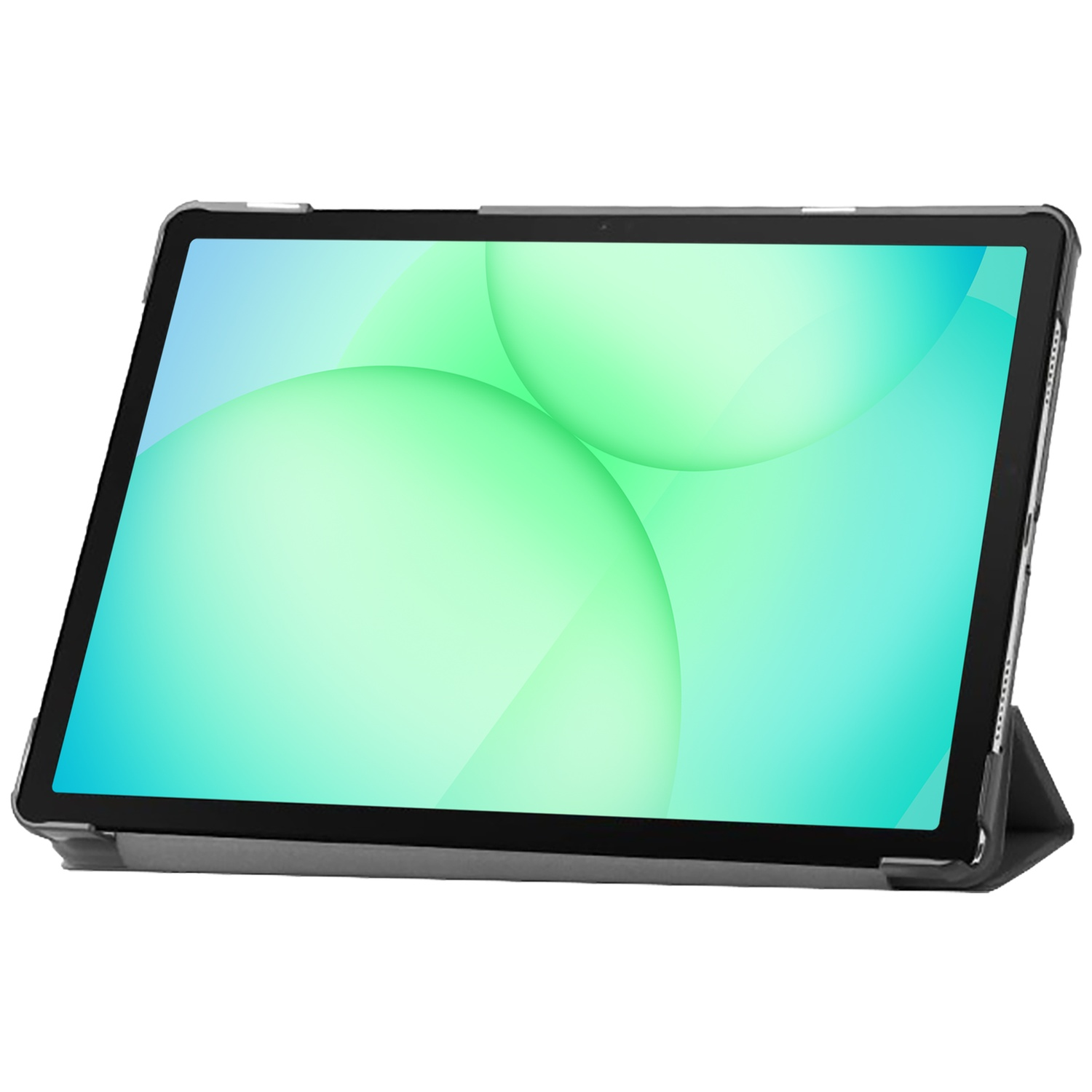 Tablet in een hoes, scherm toont groene en blauwe gradiënt met twee grote, lichtgroene bollen, op een wit oppervlak.
