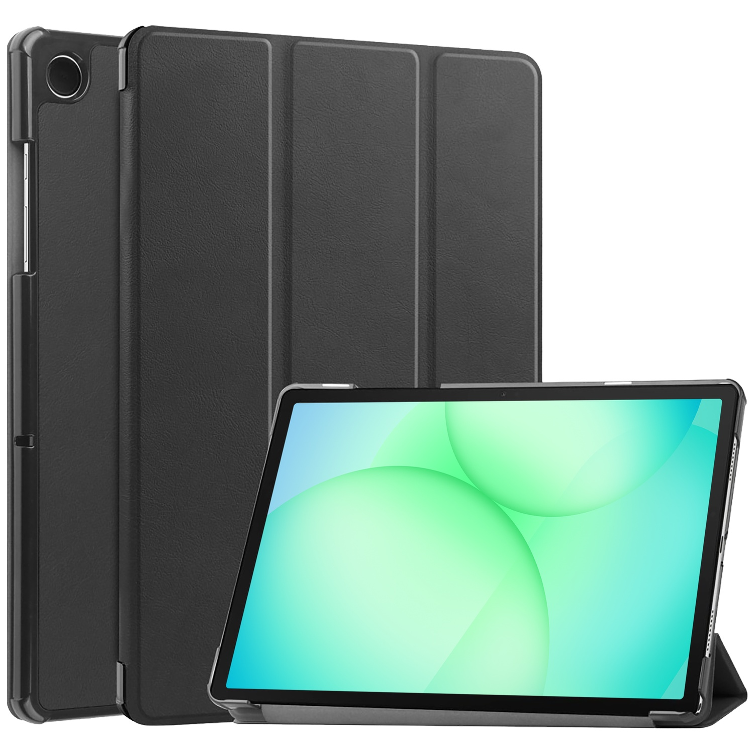 Zwarte tablet met een hoes. Het scherm toont groene en blauwe gradiëntcirkels. De hoes is van getextureerd materiaal.