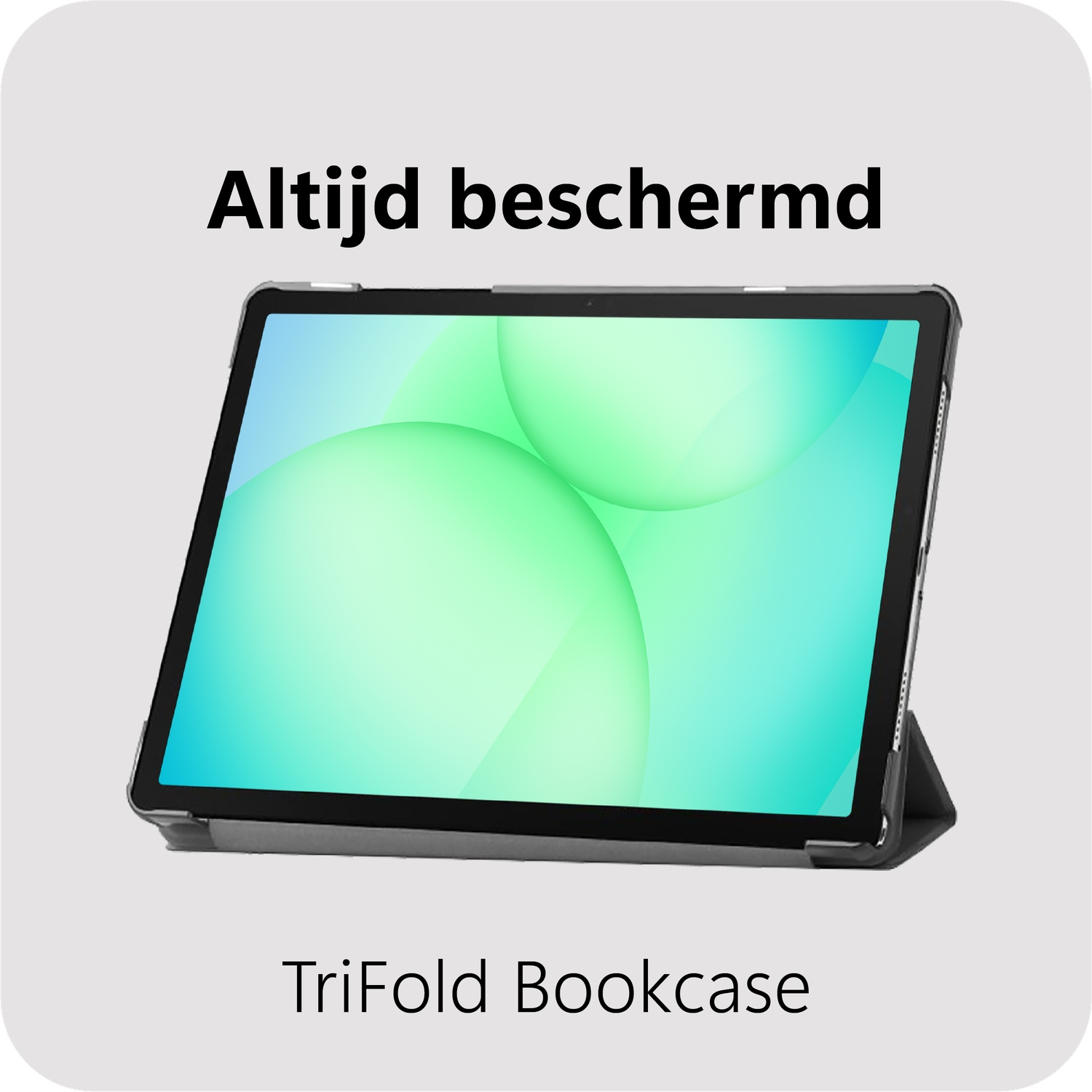 Tablet in beschermhoes, scherm met groene en blauwe cirkels. Tekst bovenaan: 'Altijd beschermd', onderaan: 'TriFold Bookcase'.