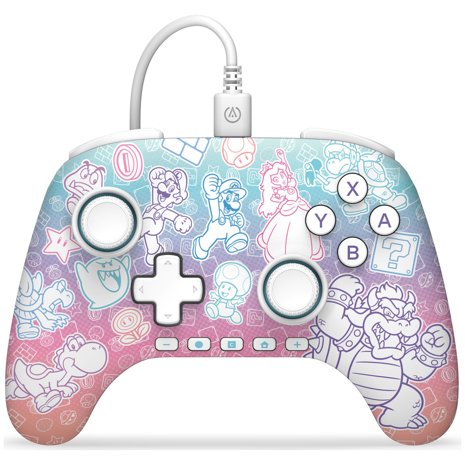 Une manette blanche et bleue avec des personnages de Mario. Elle a un dégradé de rose, violet et bleu, et un câble blanc.