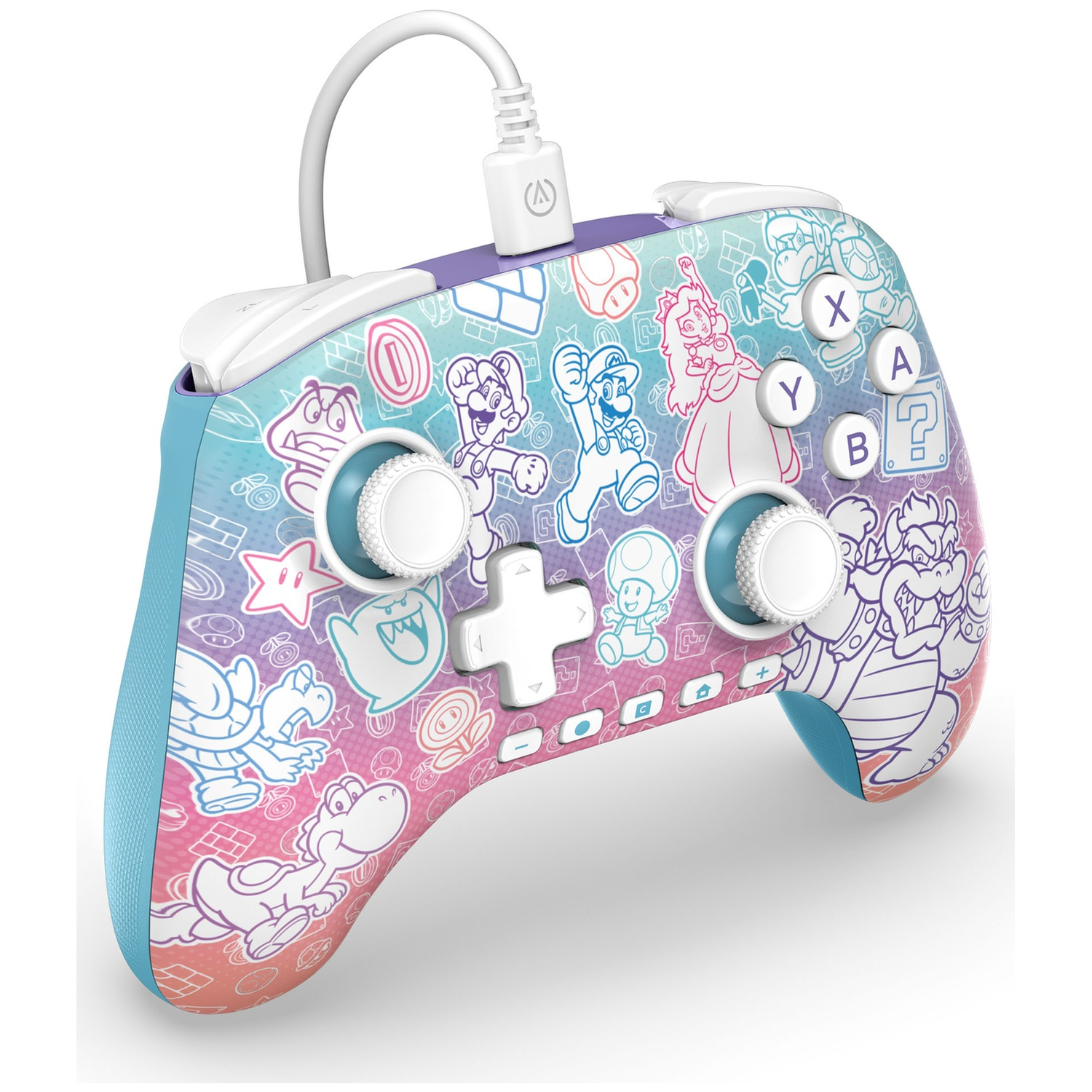 Une manette Nintendo Switch colorée avec des personnages de Mario. Elle a des boutons, des joysticks et un câble blanc.