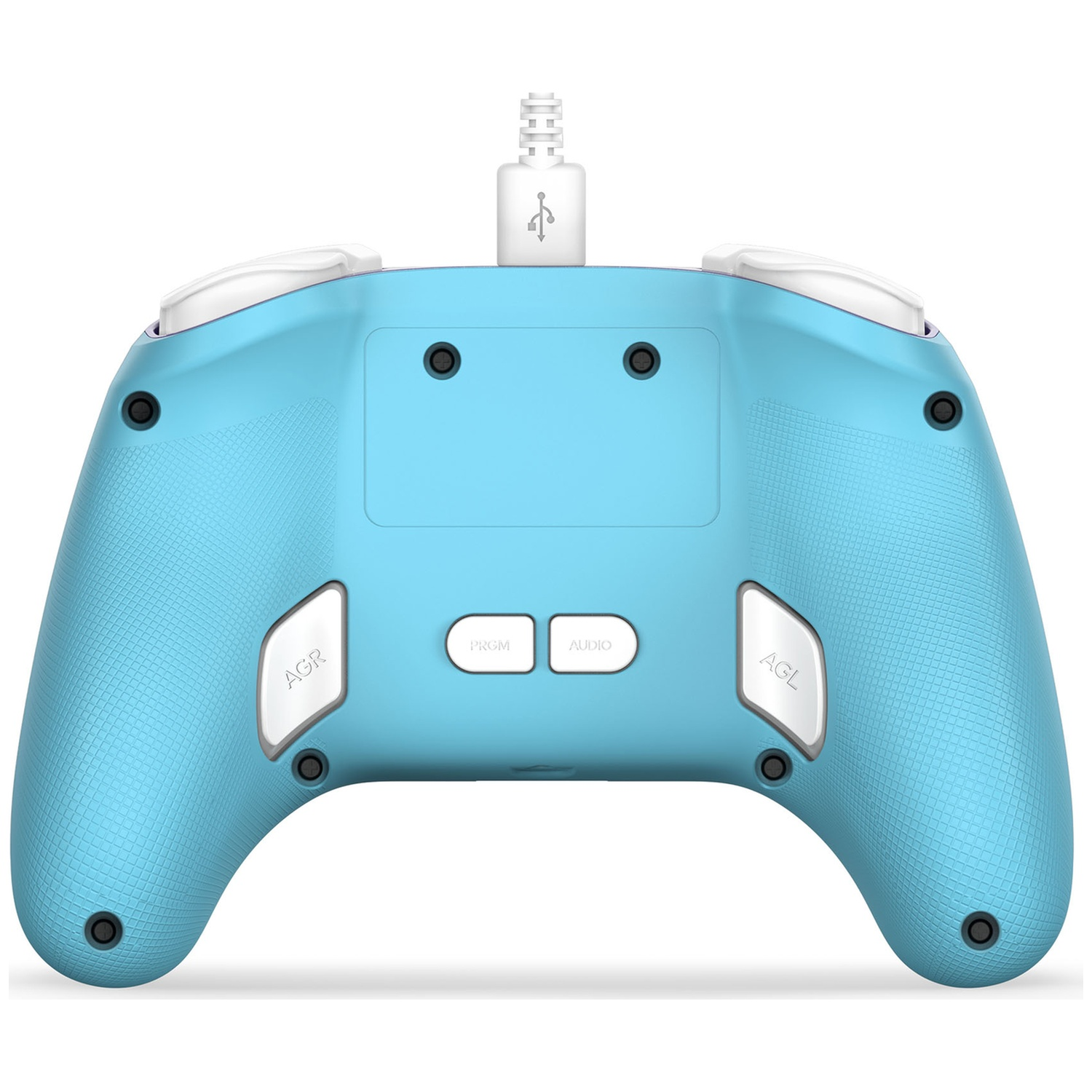 Une manette de jeu bleu clair avec des boutons blancs et un câble USB branché. Les boutons incluent AGR, PRGM, AUDIO et AGL.
