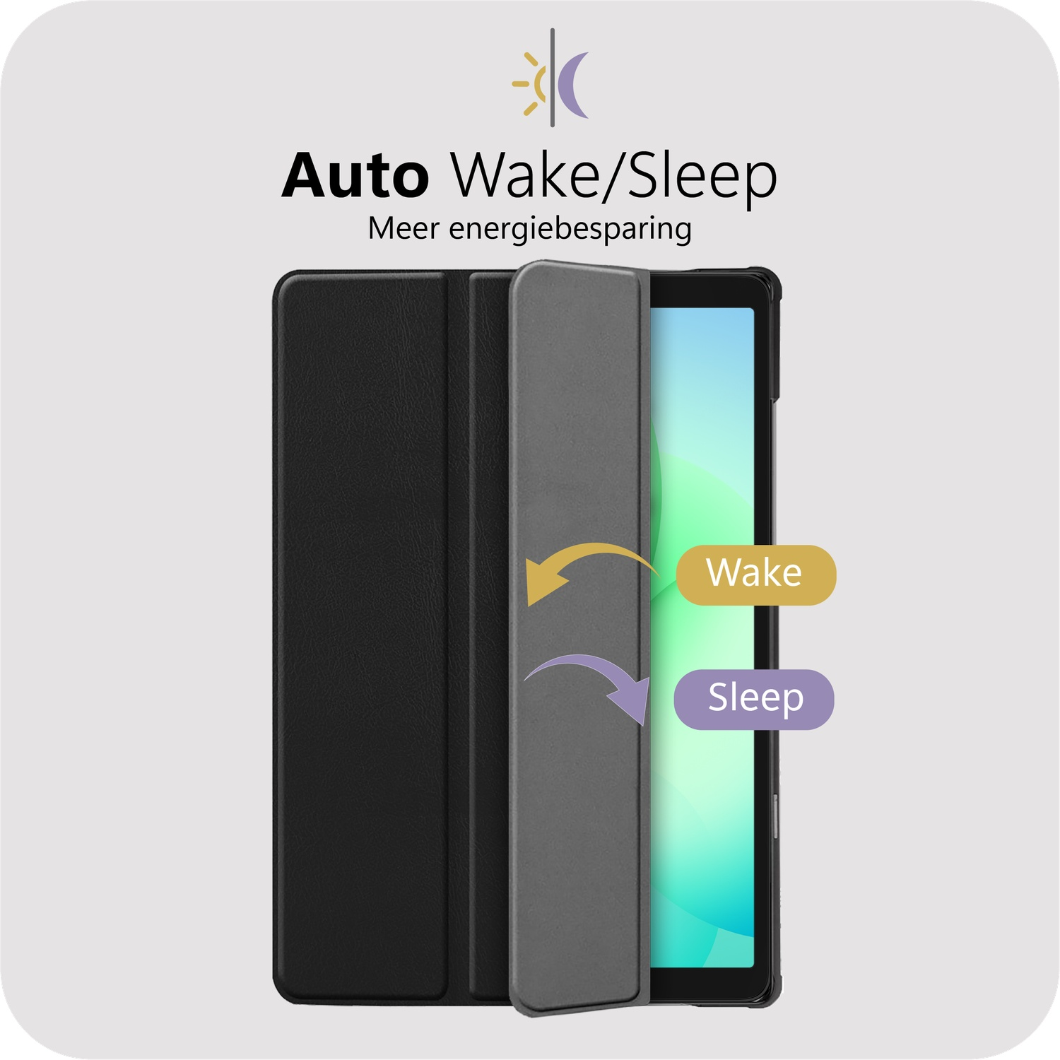 Tablethoes met automatische wake/sleep functie. Tekst: Auto Wake/Sleep, Meer energiebesparing. Pijlen geven wake en sleep acties aan.