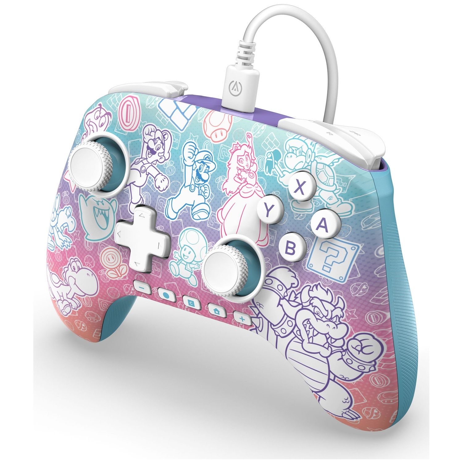 Une manette Nintendo Switch avec des personnages de Mario. Elle a un design dégradé du rose au bleu. Des boutons blancs et un câble blanc sont visibles.