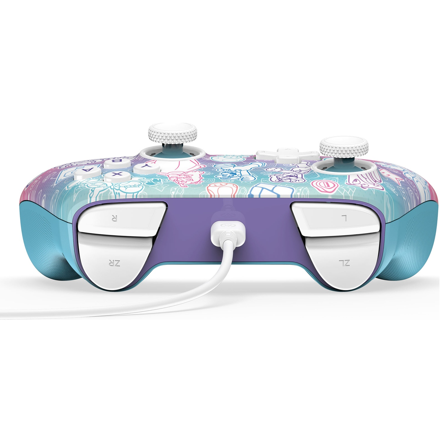 Une manette de jeu colorée avec des boutons blancs, un centre violet et un câble blanc branché. La manette a un design de dessin animé.